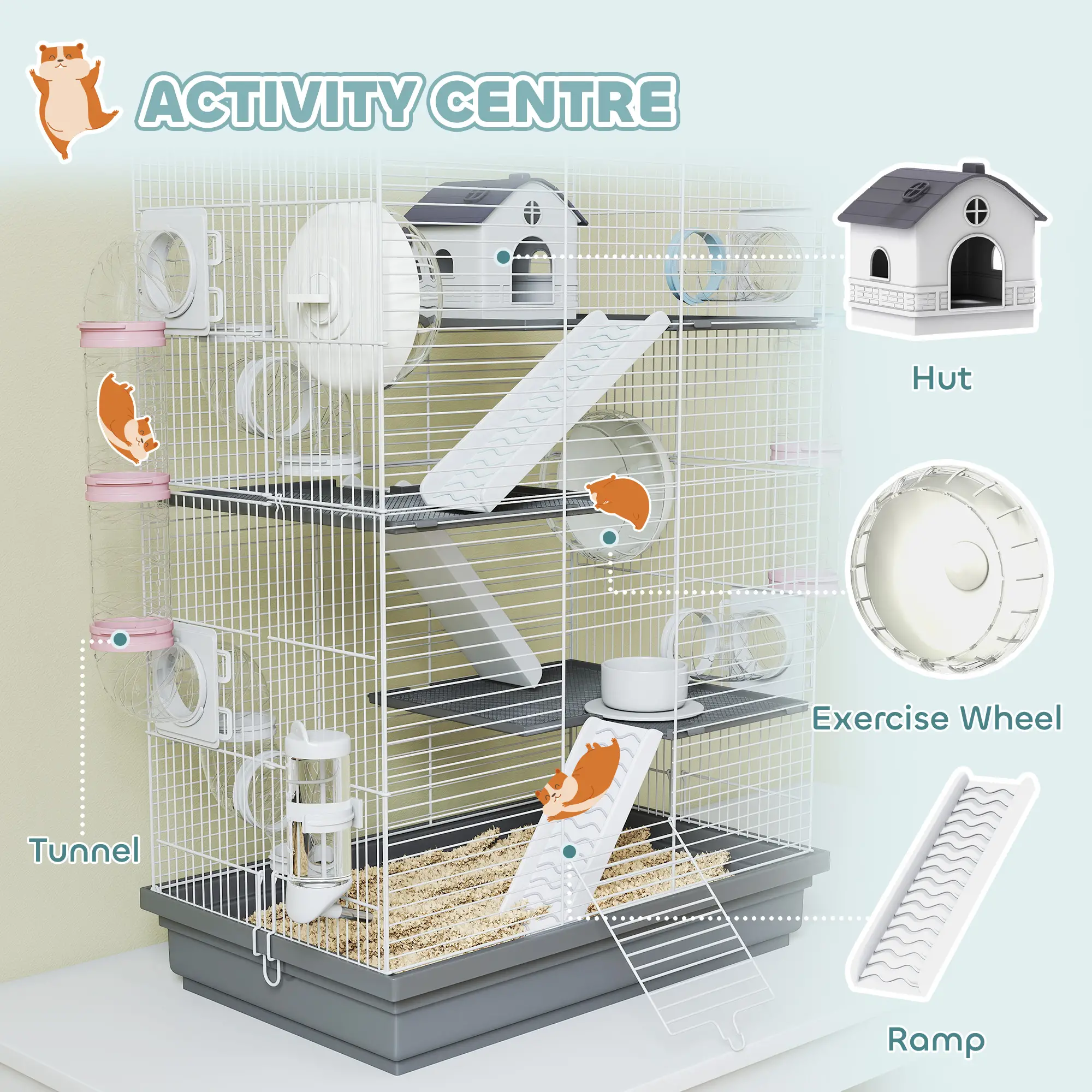 4-Level Large Hamster Cage, DIY Tubes, Water Bottle, Food Dish, Hut, Exercise Wheels, Grey - Image 5