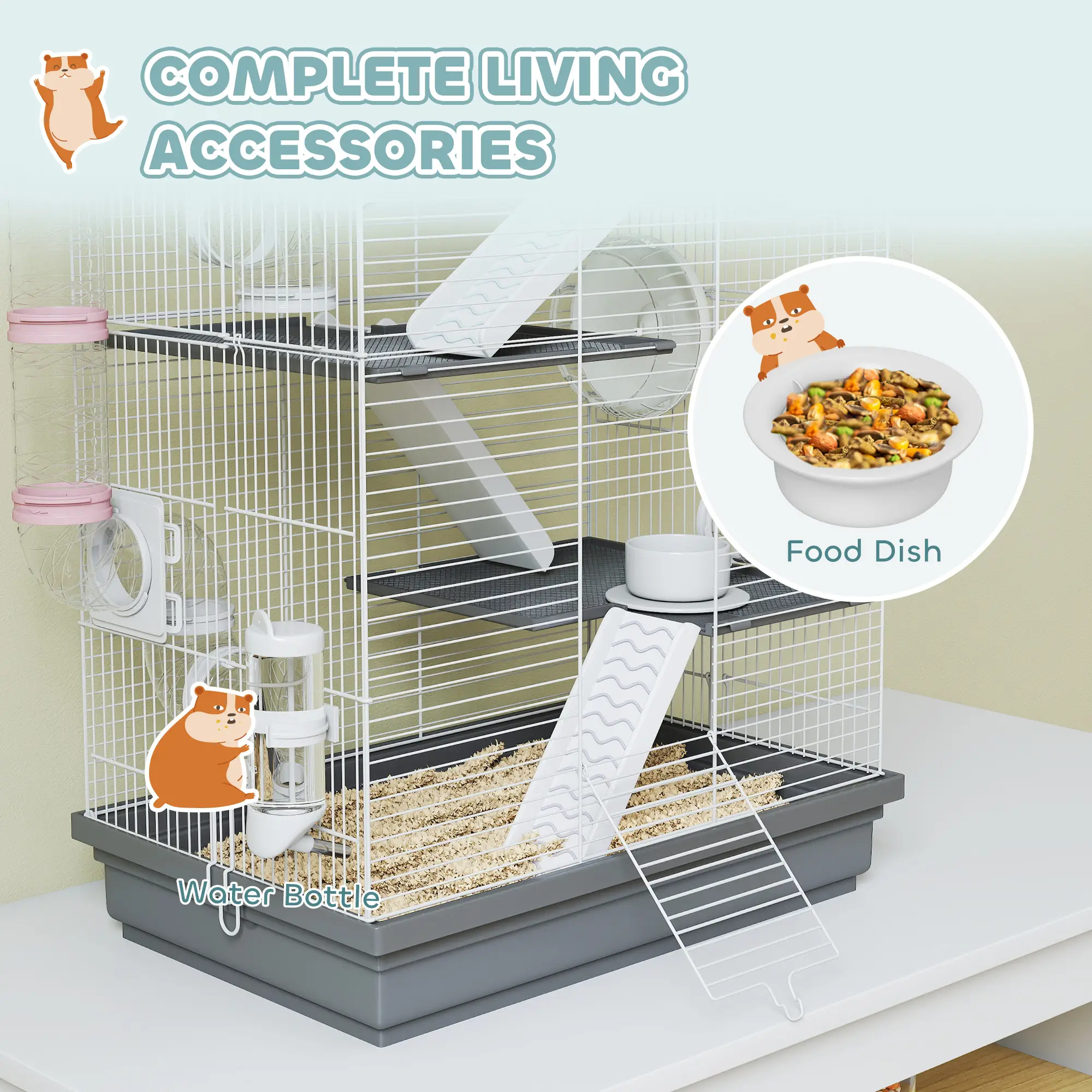 4-Level Large Hamster Cage, DIY Tubes, Water Bottle, Food Dish, Hut, Exercise Wheels, Grey - Image 6
