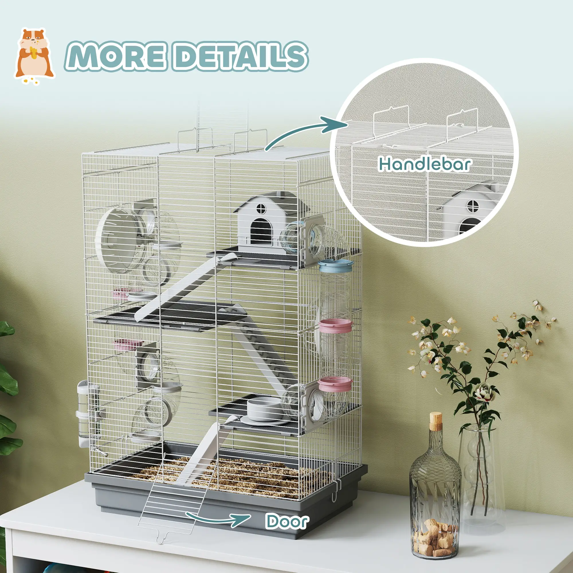 4-Level Large Hamster Cage, DIY Tubes, Water Bottle, Food Dish, Hut, Exercise Wheels, Grey - Image 7