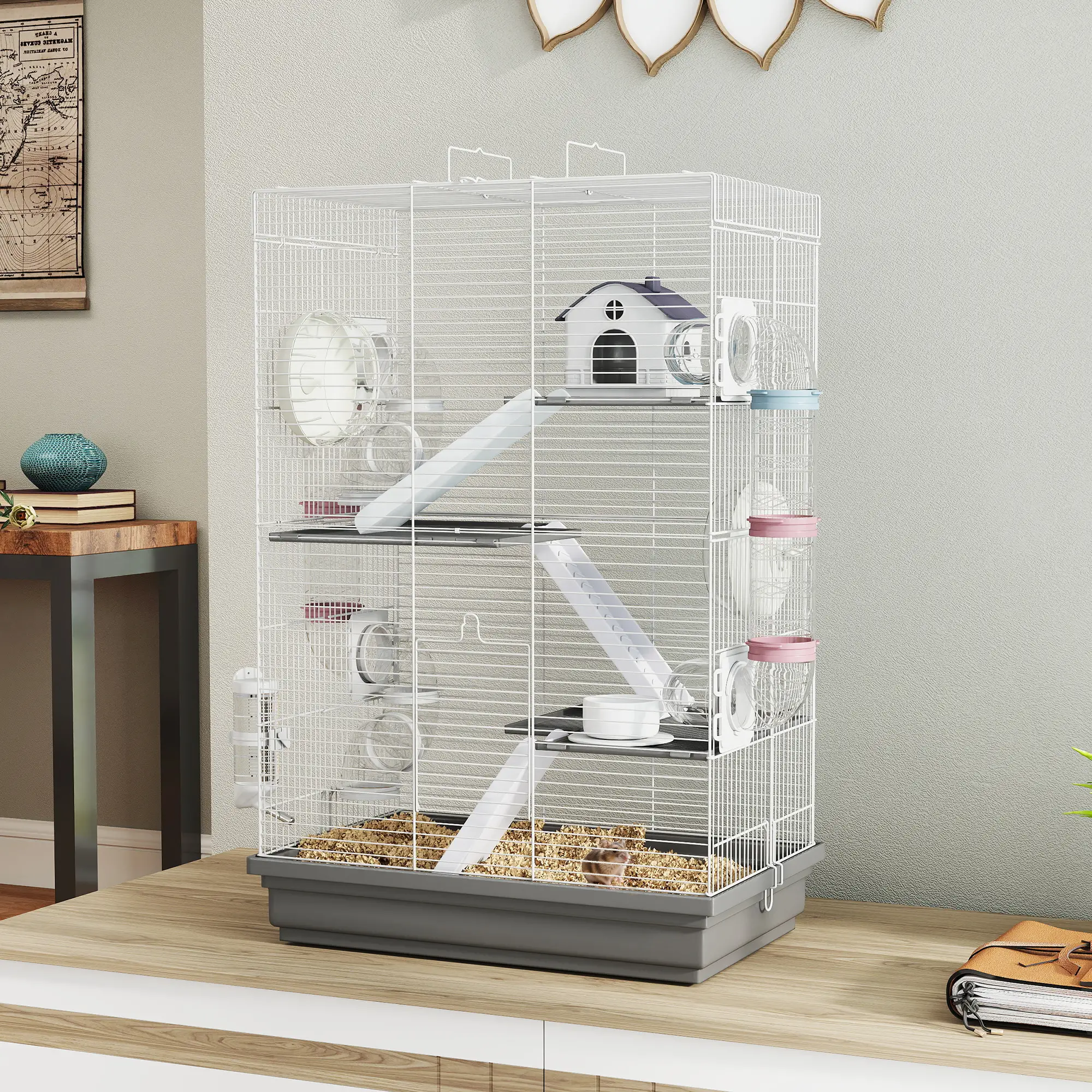 4-Level Large Hamster Cage, DIY Tubes, Water Bottle, Food Dish, Hut, Exercise Wheels, Grey - Image 8