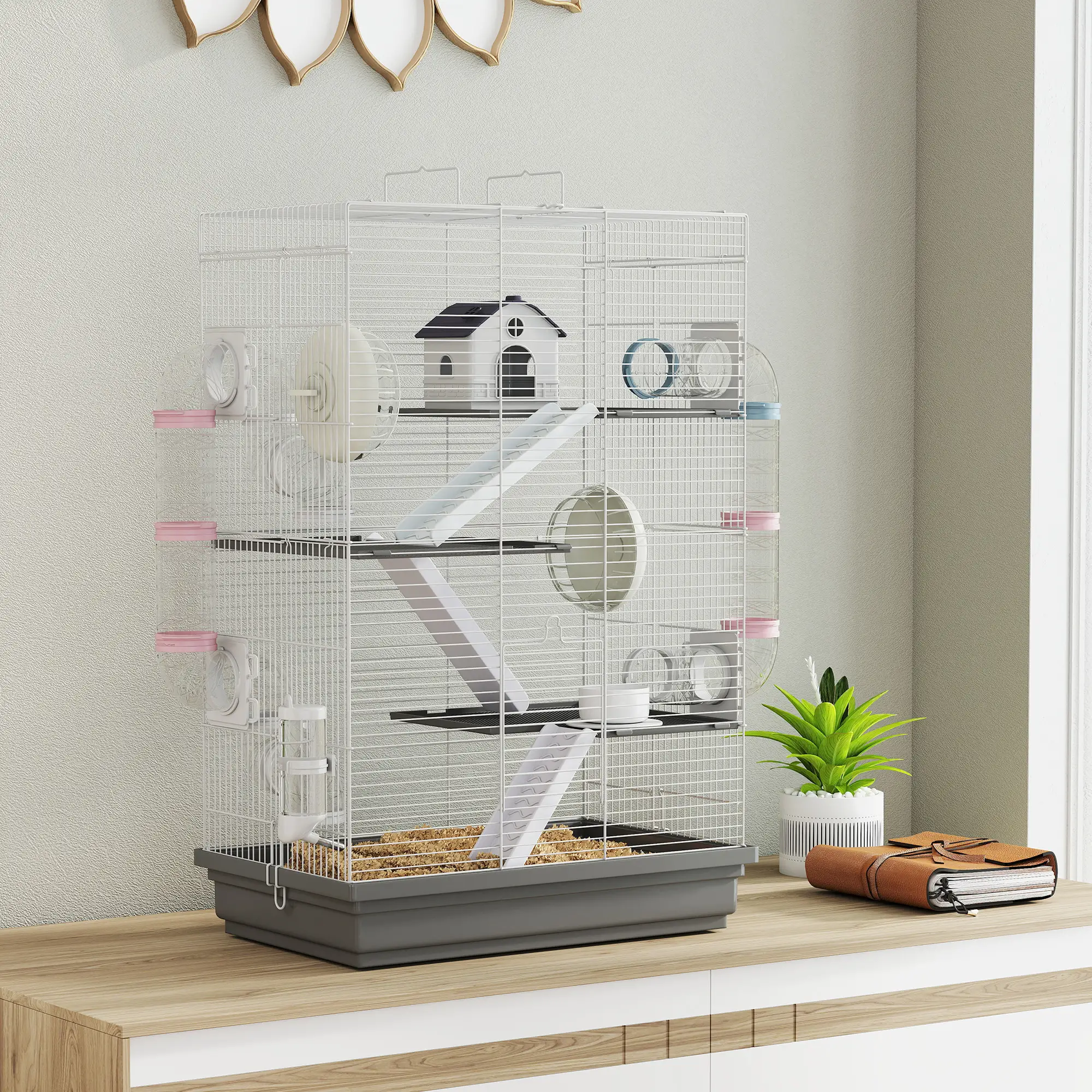 4-Level Large Hamster Cage, DIY Tubes, Water Bottle, Food Dish, Hut, Exercise Wheels, Grey - Image 9