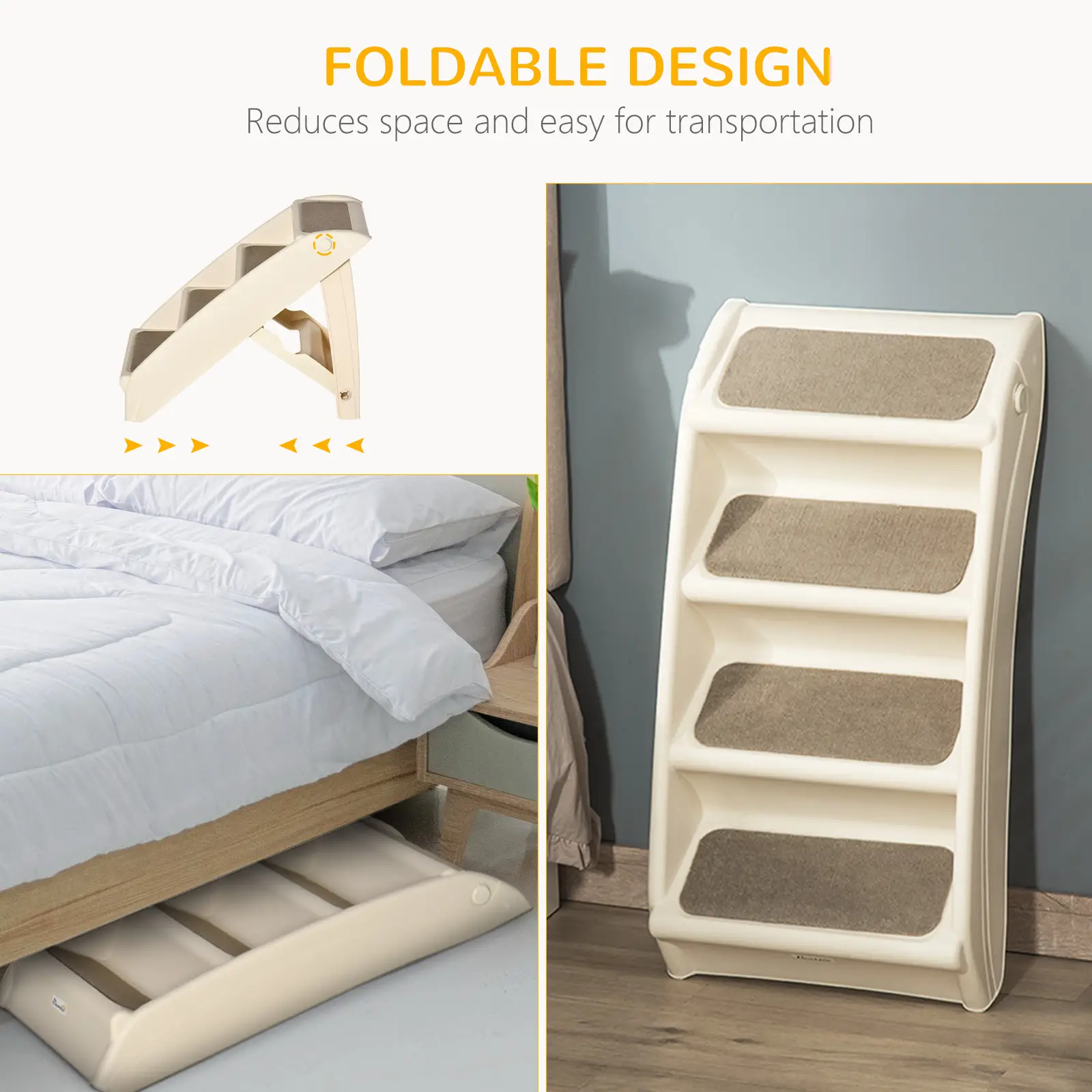 4-Level Portable Dog Stairs, Foldable Steps for Small Dogs, Lightweight, Nonslip Mats, Beige - Image 4