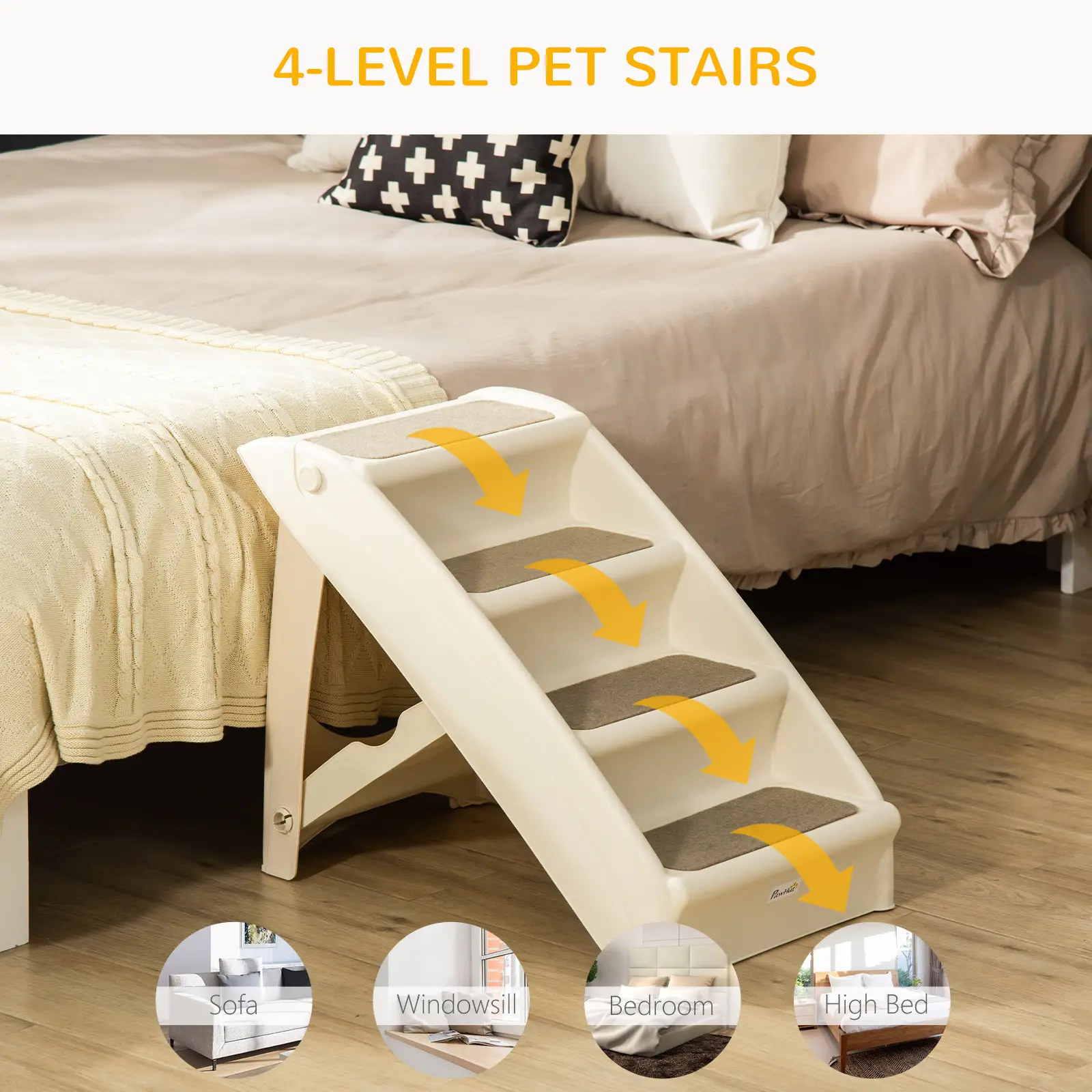 4-Level Portable Dog Stairs, Foldable Steps for Small Dogs, Lightweight, Nonslip Mats, Beige - Image 7