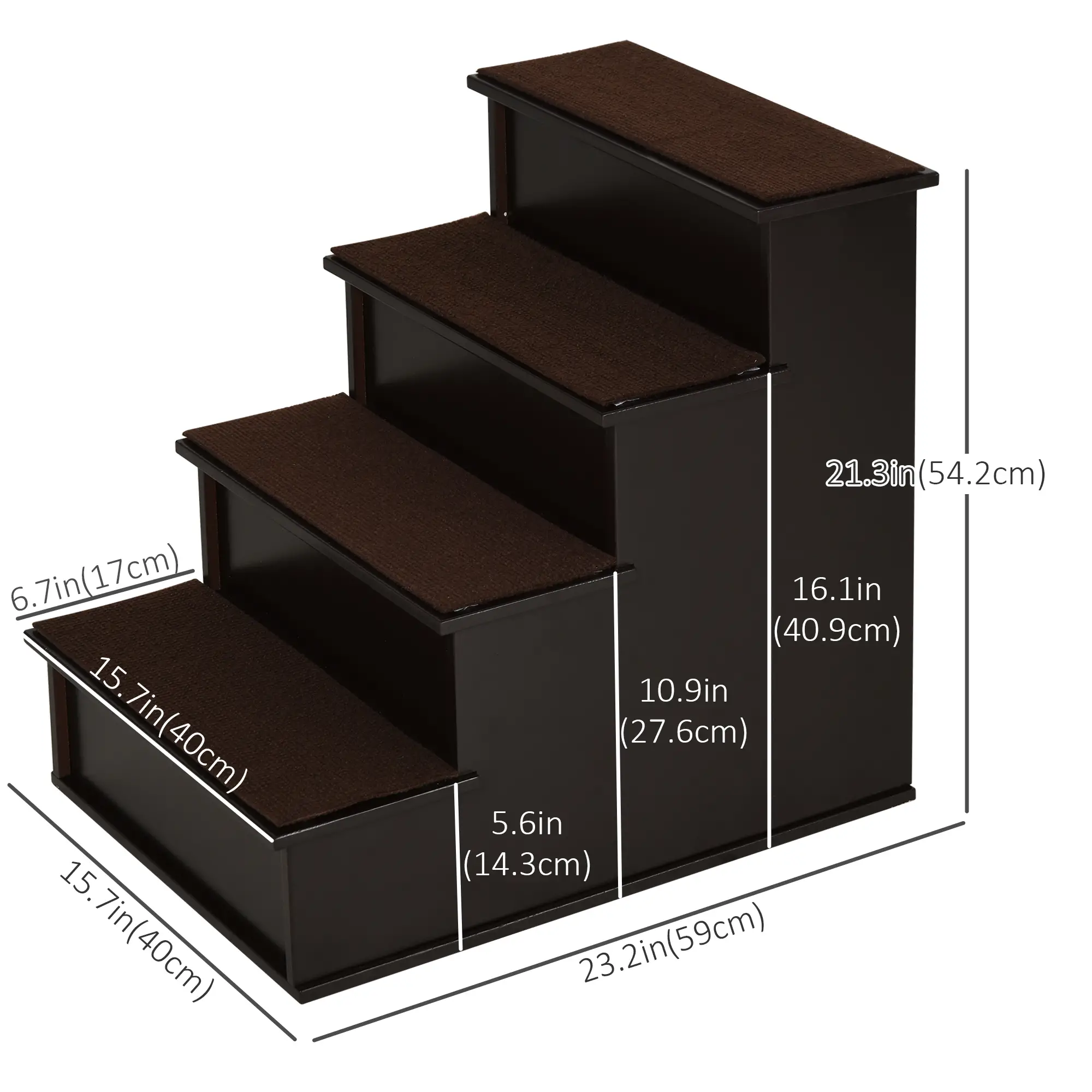 4-Level Wooden Pet Stairs, Non-Slip Carpet, Dark Coffee - Image 3