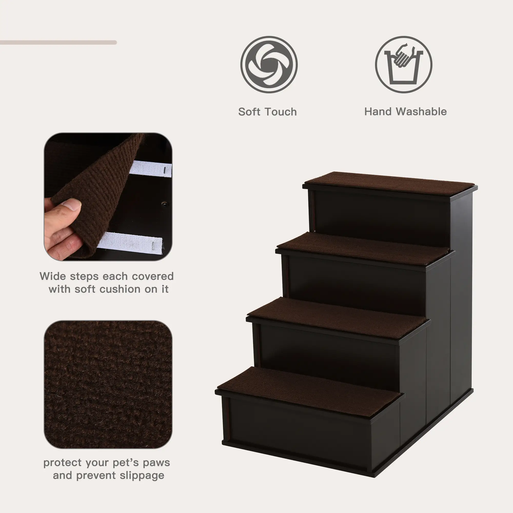 4-Level Wooden Pet Stairs, Non-Slip Carpet, Dark Coffee - Image 4