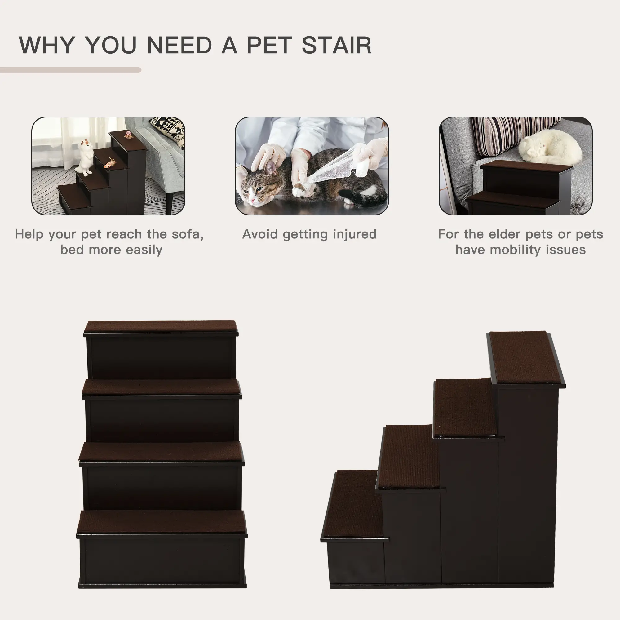4-Level Wooden Pet Stairs, Non-Slip Carpet, Dark Coffee - Image 5