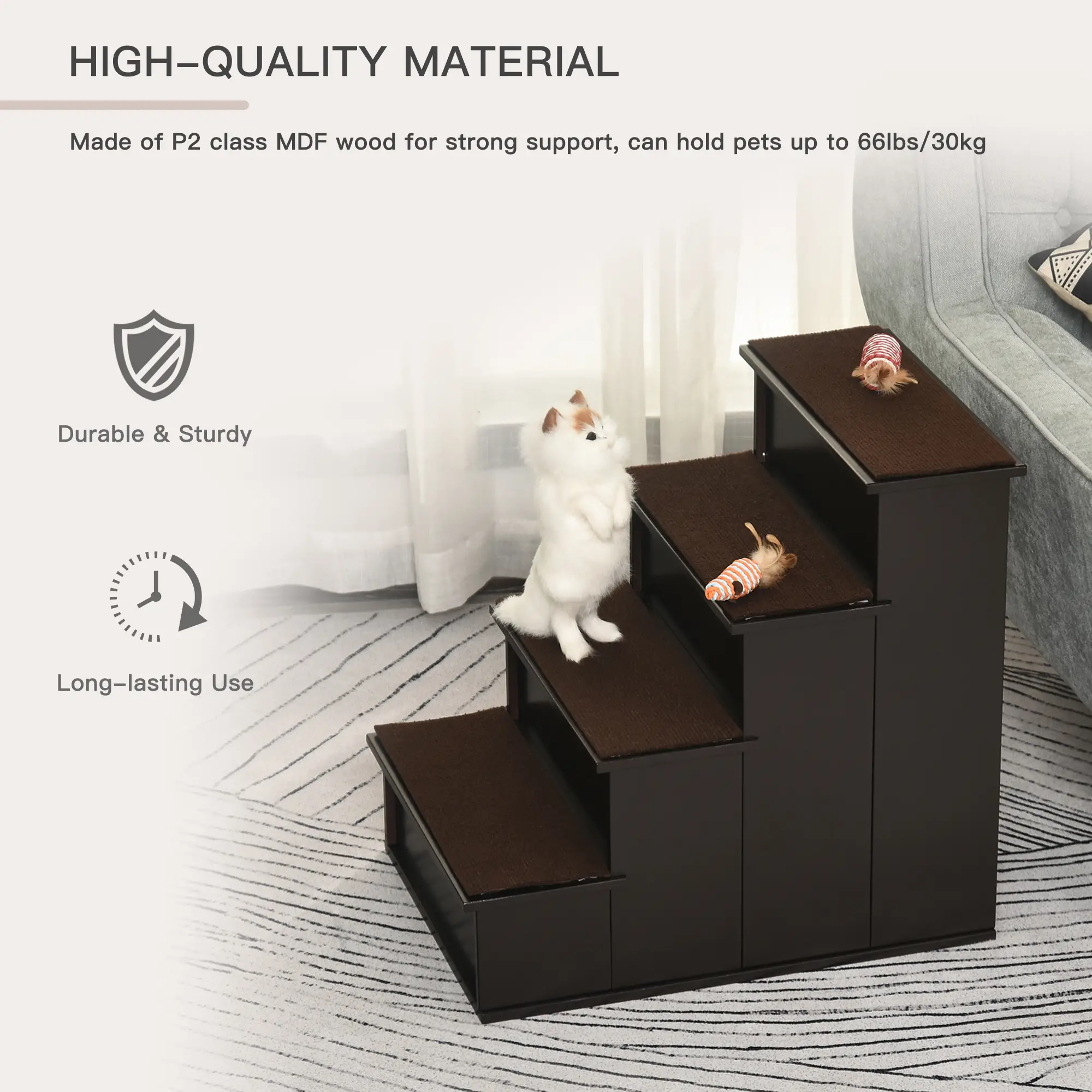 4-Level Wooden Pet Stairs, Non-Slip Carpet, Dark Coffee - Image 6