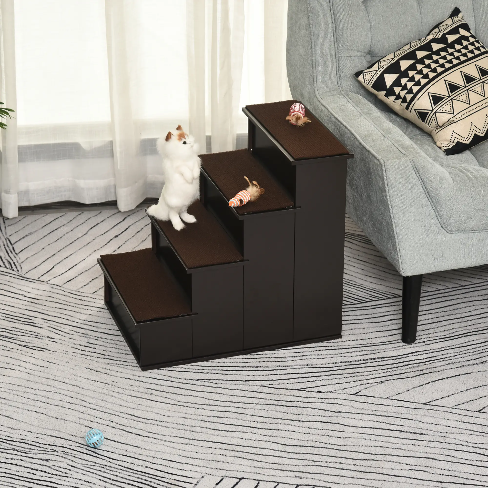 4-Level Wooden Pet Stairs, Non-Slip Carpet, Dark Coffee - Image 7