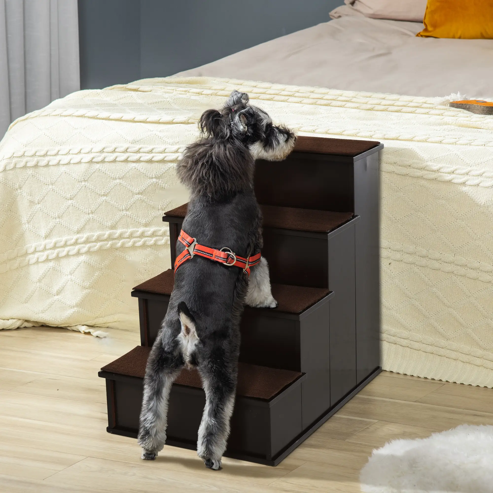 4-Level Wooden Pet Stairs, Non-Slip Carpet, Dark Coffee - Image 8