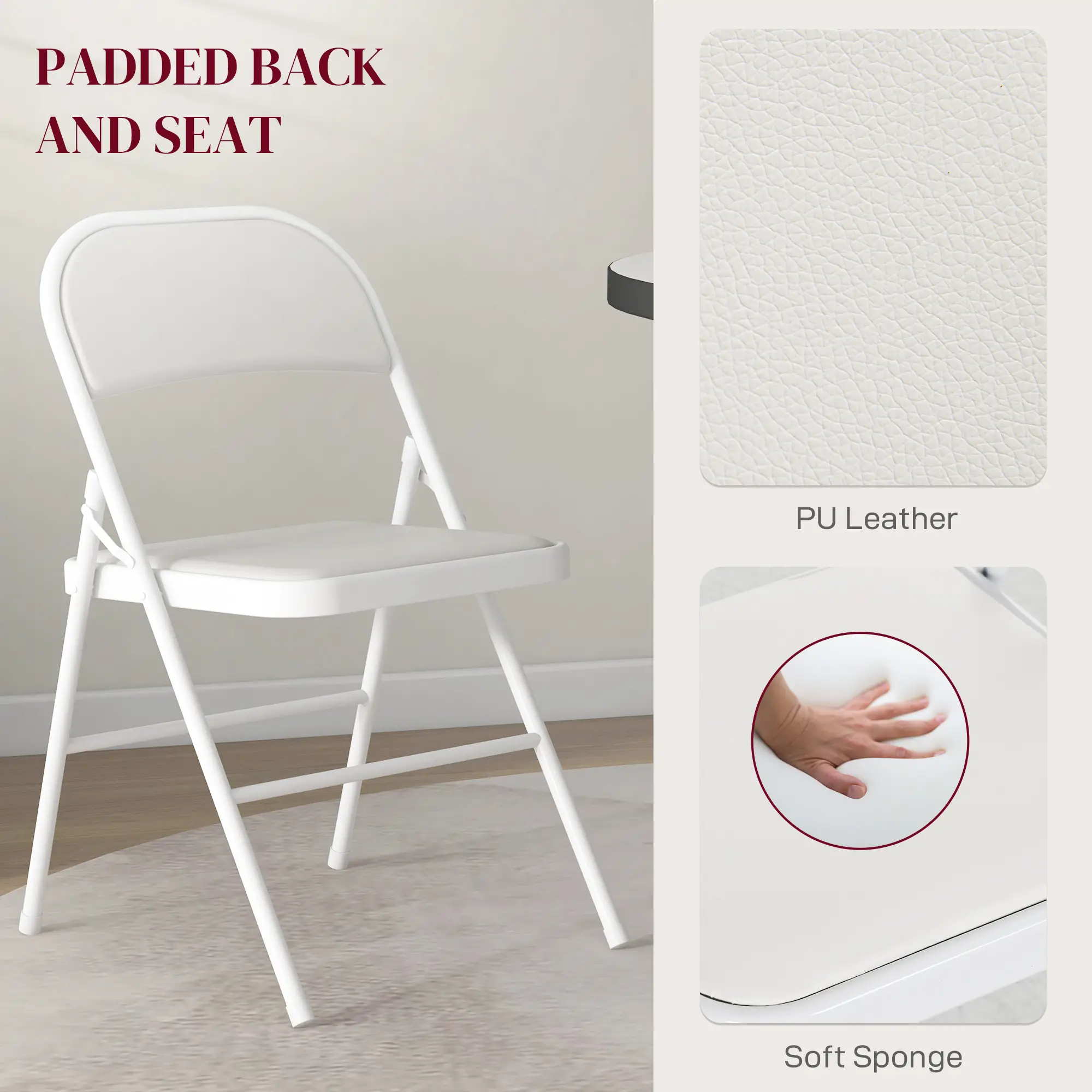 4 Metal Foldable Chairs, PU Leather Padded, White - Image 4