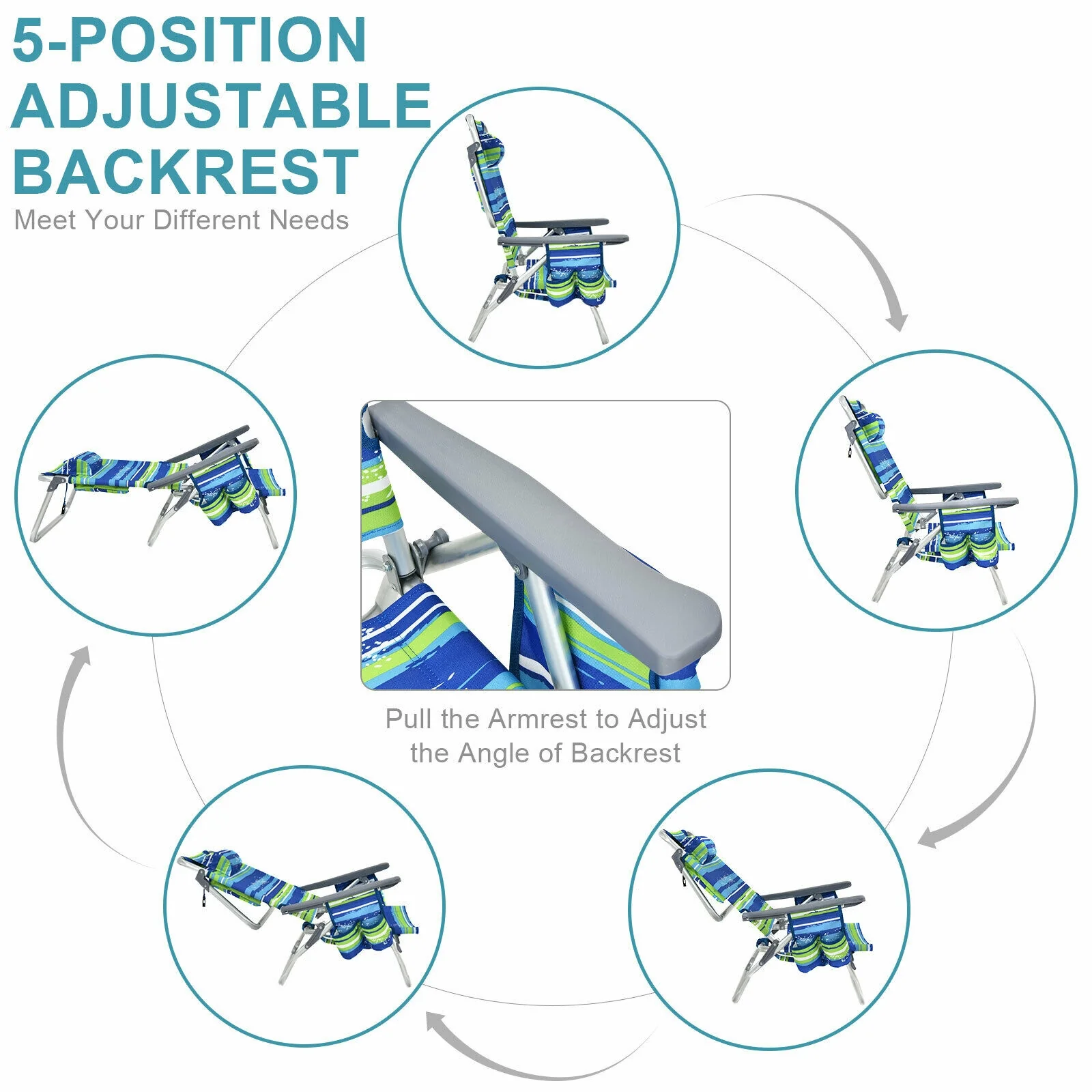 4-Pack 5-Position Folding Backpack Beach Chair, Blue - Image 10