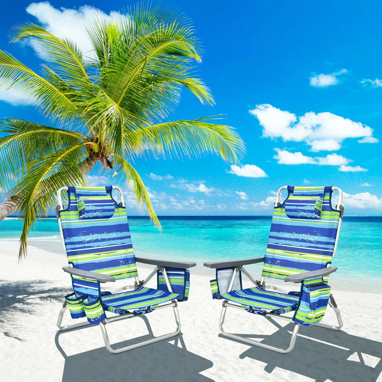 4-Pack 5-Position Folding Backpack Beach Chair, Blue - Image 2