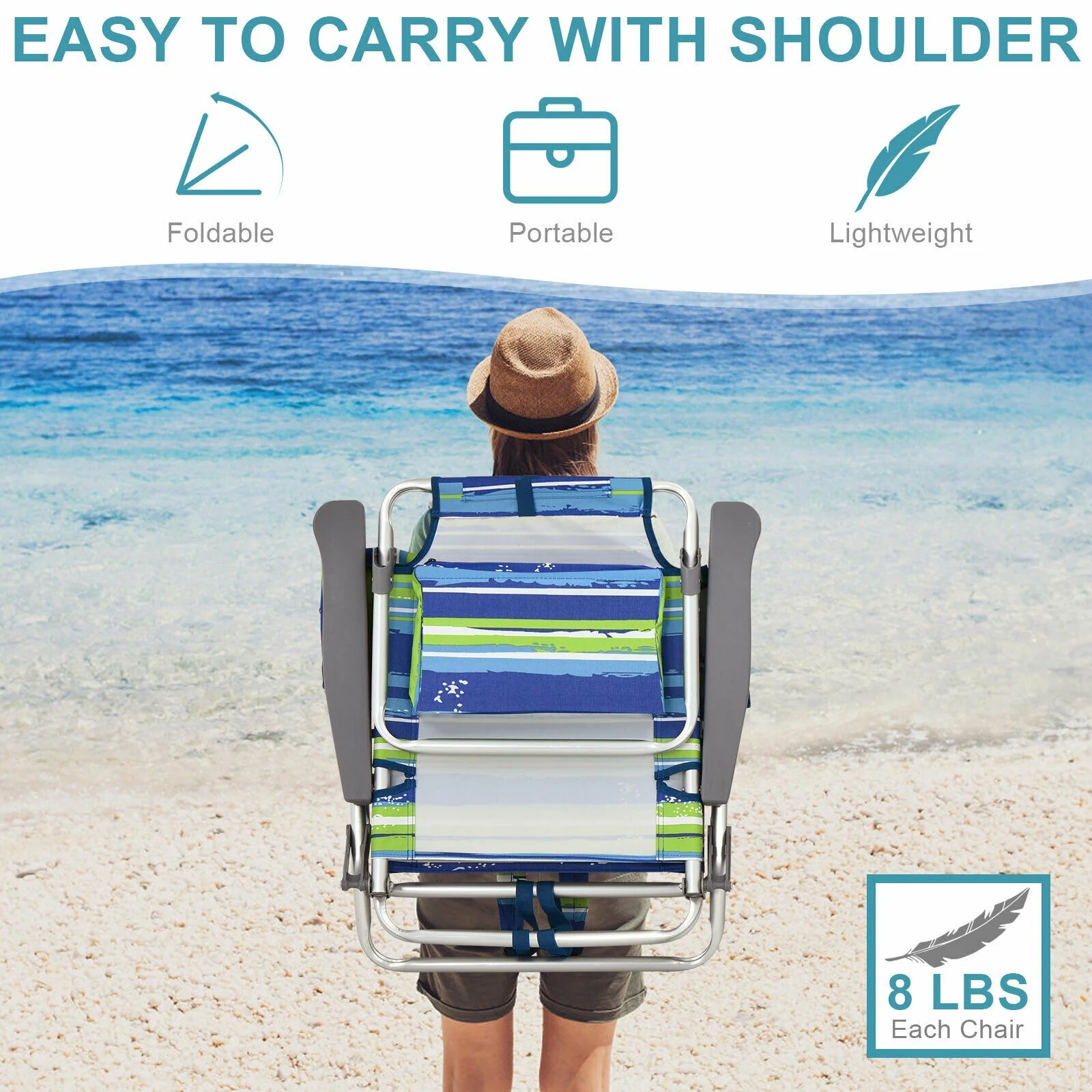4-Pack 5-Position Folding Backpack Beach Chair, Blue - Image 3