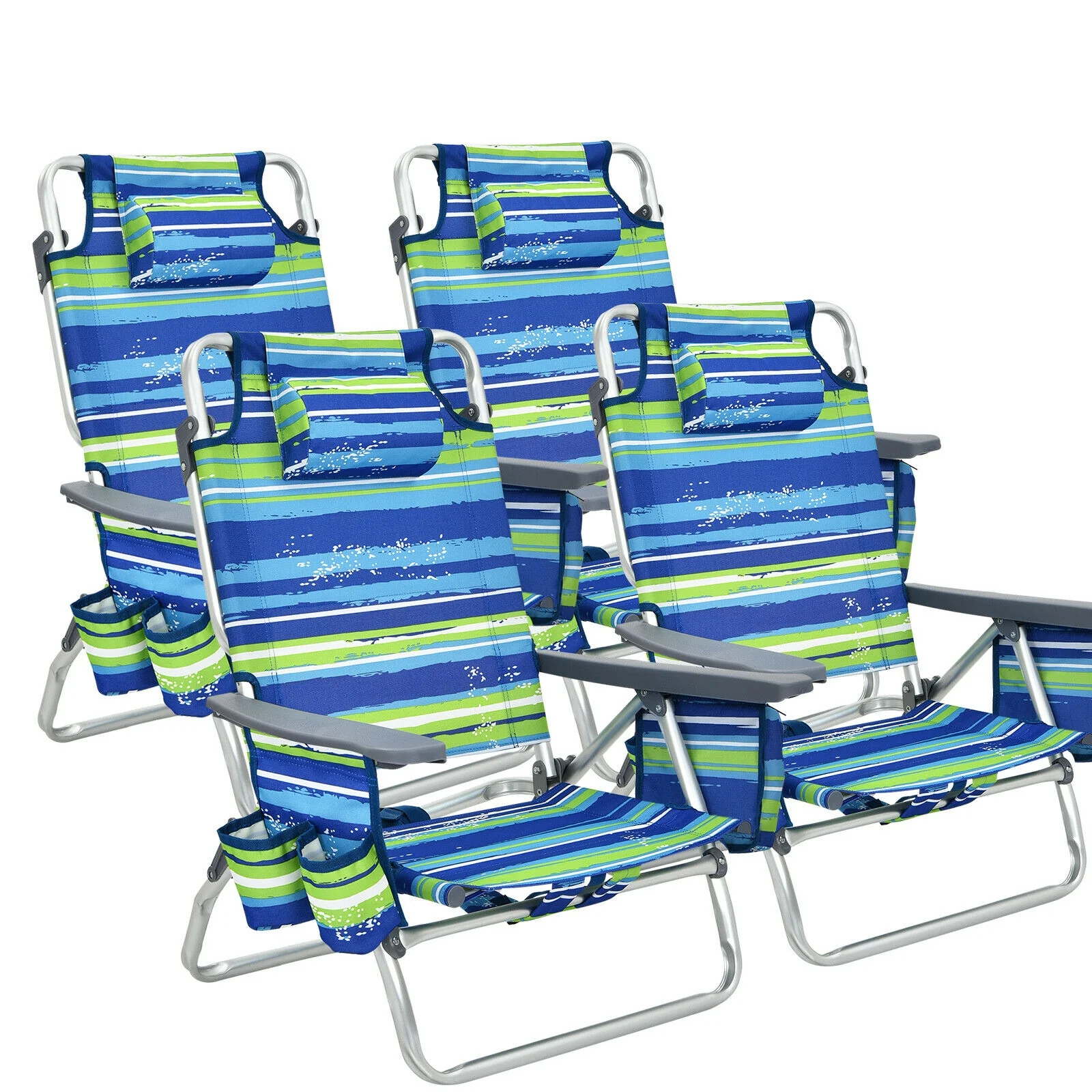 4-Pack 5-Position Folding Backpack Beach Chair, Blue - Image 4
