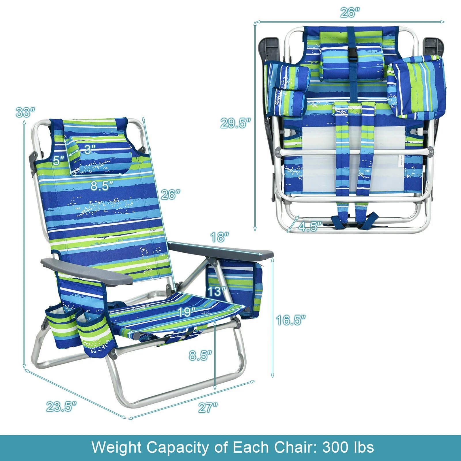 4-Pack 5-Position Folding Backpack Beach Chair, Blue - Image 5