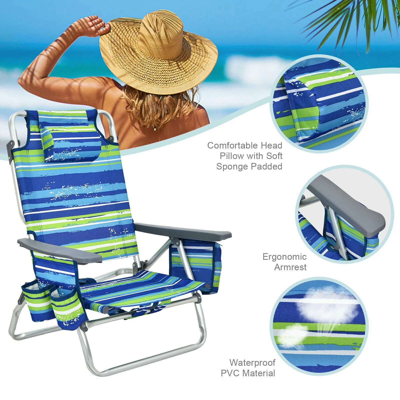 4-Pack 5-Position Folding Backpack Beach Chair, Blue - Image 6