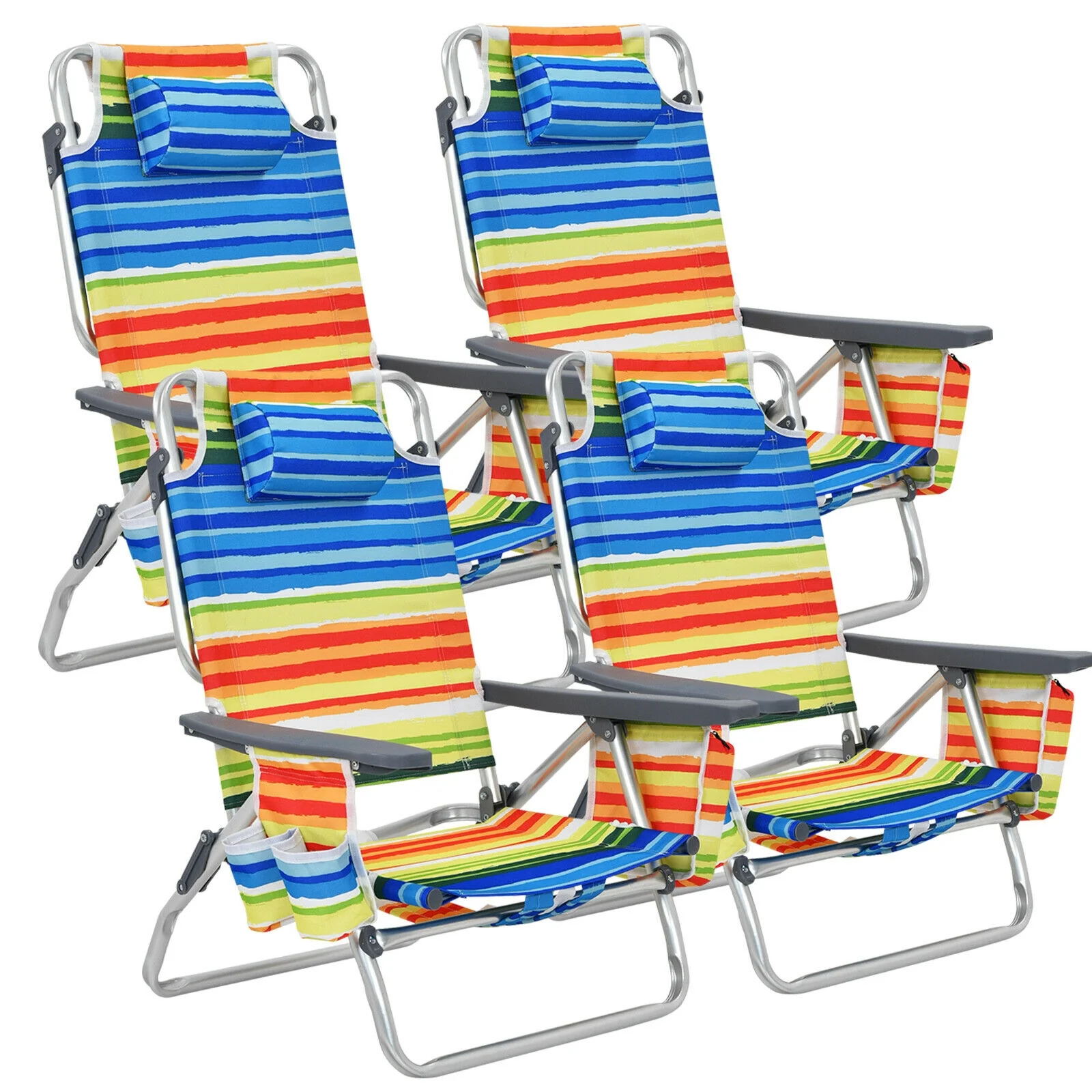4-Pack 5-Position Folding Backpack Beach Chair With Pillow, Yellow - Image 4