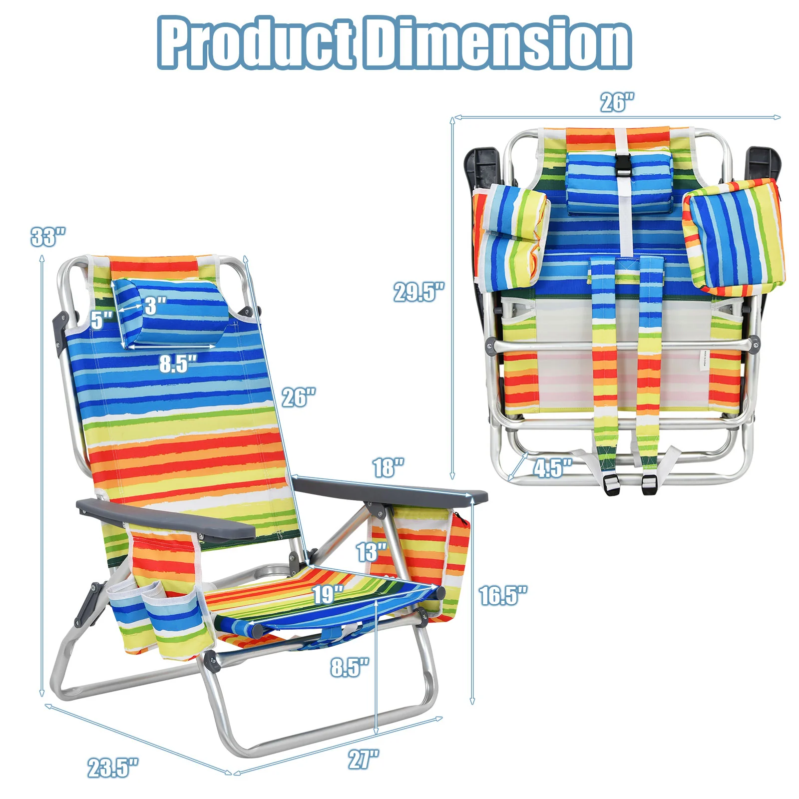 4-Pack 5-Position Folding Backpack Beach Chair With Pillow, Yellow - Image 6