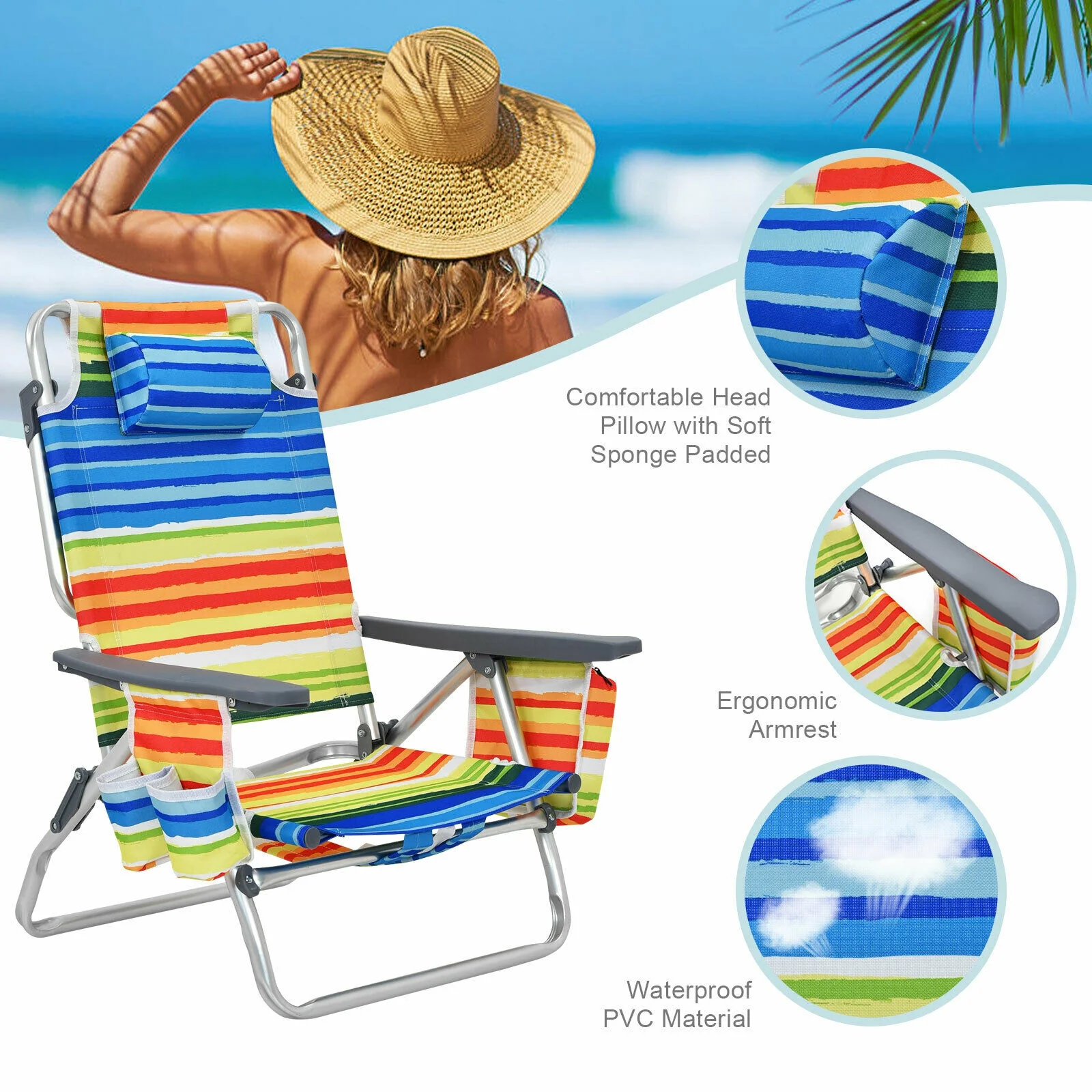 4-Pack 5-Position Folding Backpack Beach Chair With Pillow, Yellow - Image 8