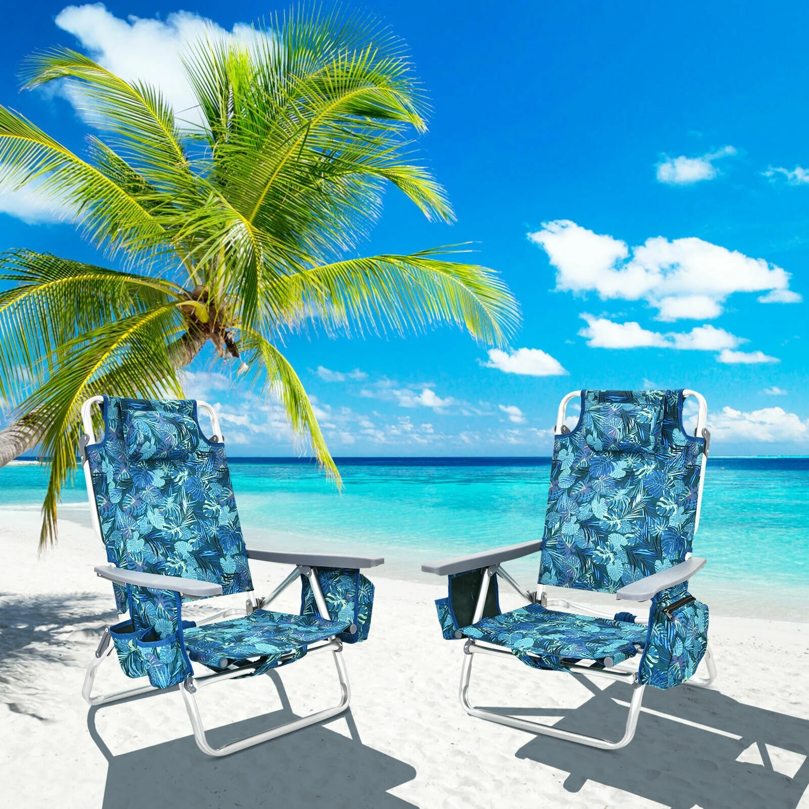 4-Pack 5-Position Folding Beach Chair, Navy - Image 2