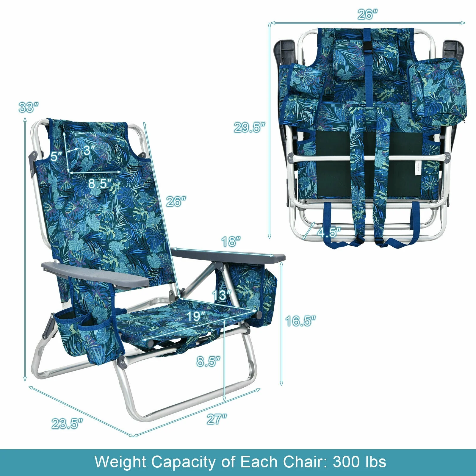 4-Pack 5-Position Folding Beach Chair, Navy - Image 5