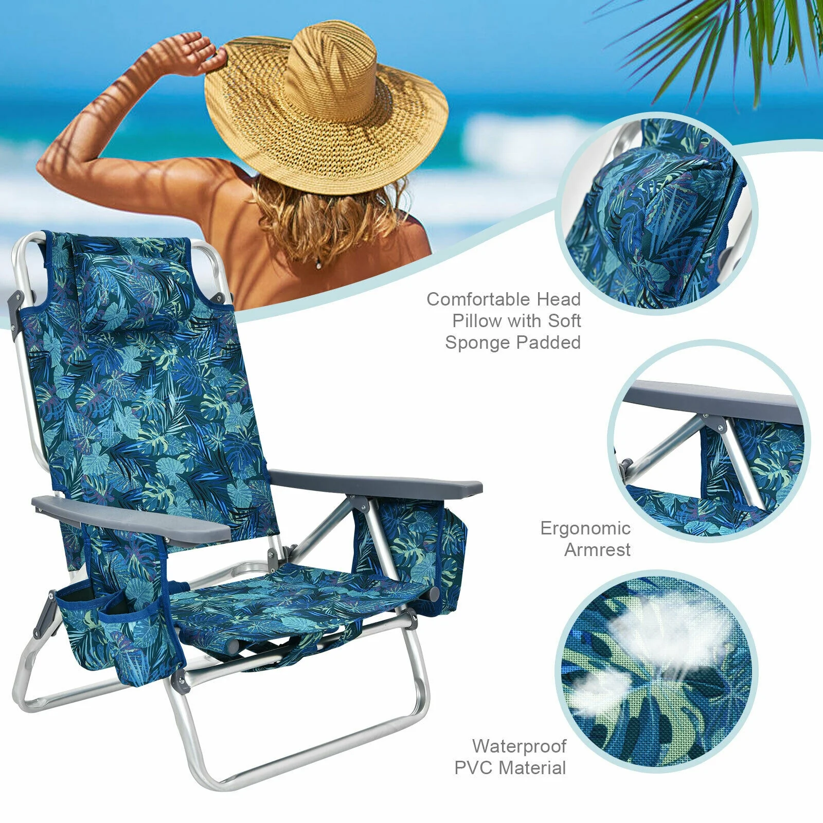 4-Pack 5-Position Folding Beach Chair, Navy - Image 6