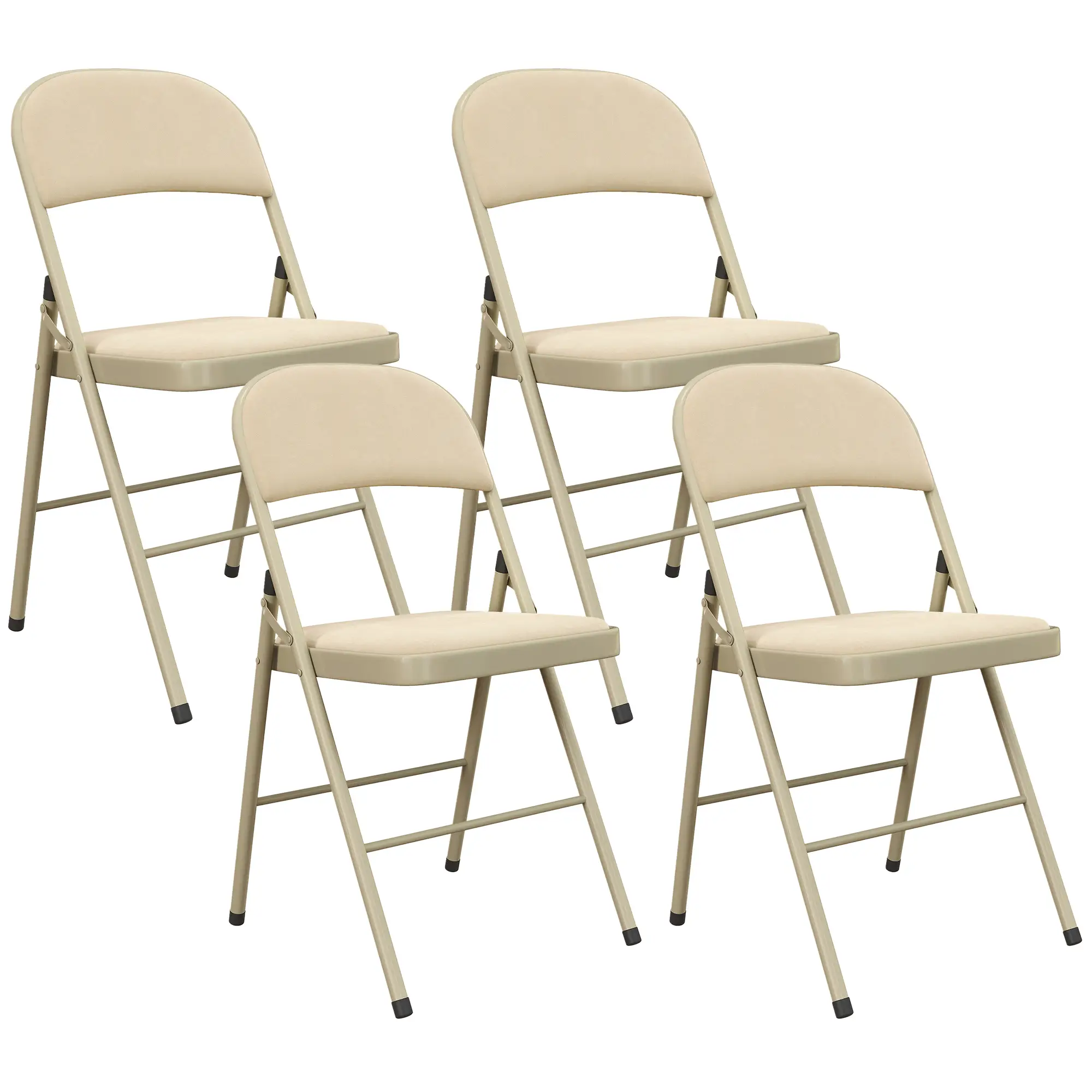 4 Pack Folding Chairs, Padded Seats, Velvet, Steel Frame, Beige