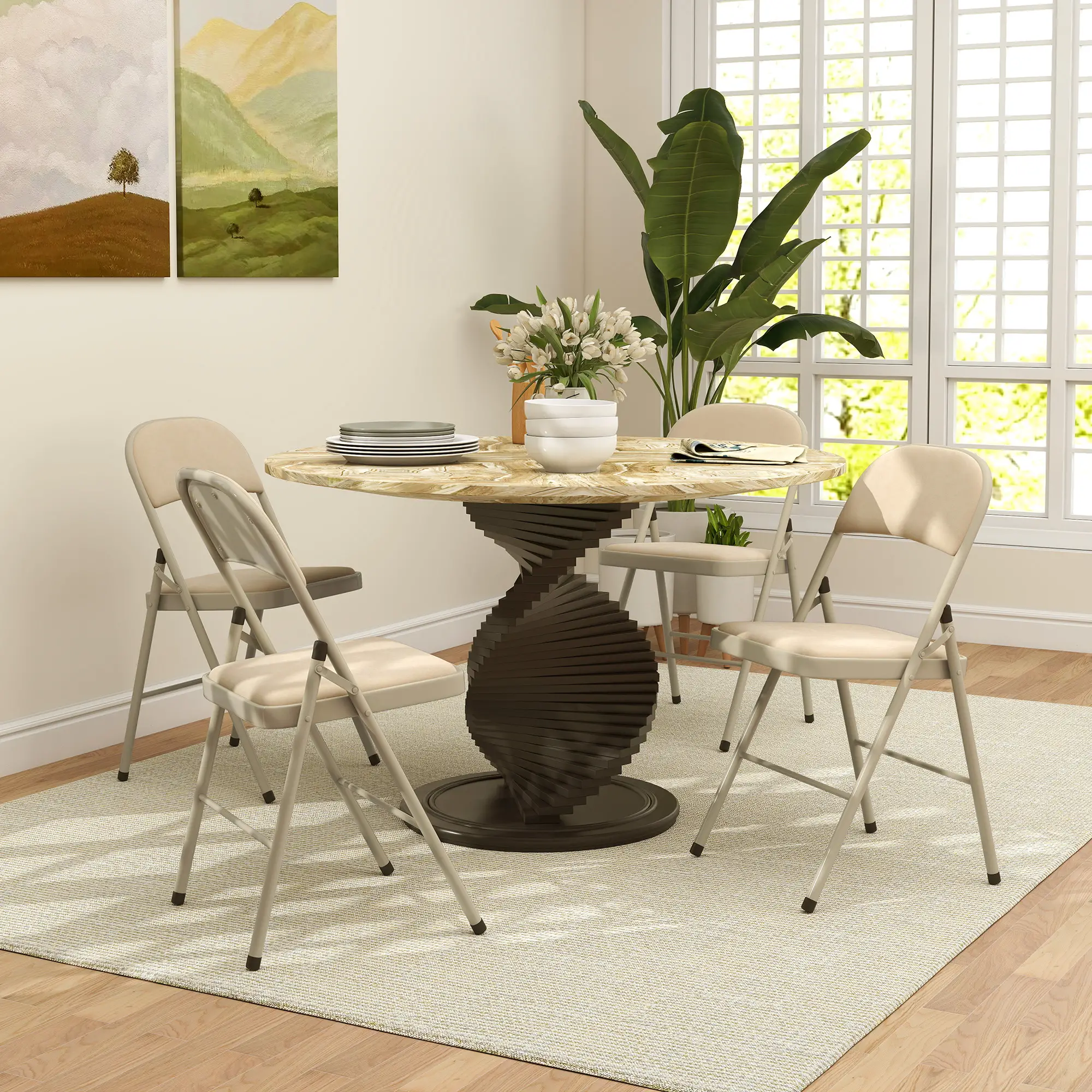 4 Pack Folding Chairs, Padded Seats, Velvet, Steel Frame, Beige - Image 2