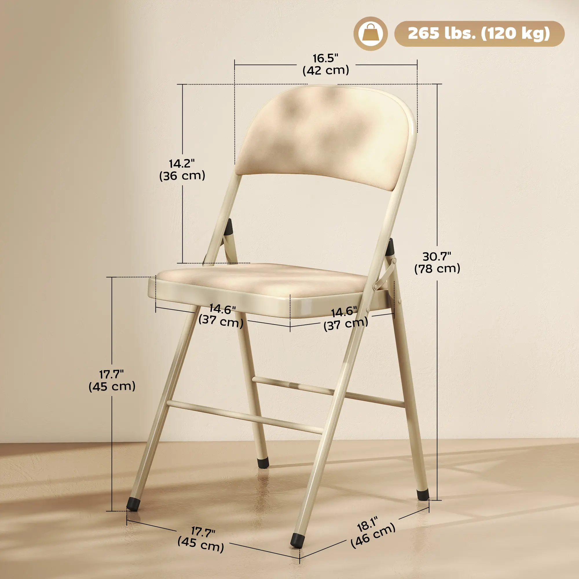 4 Pack Folding Chairs, Padded Seats, Velvet, Steel Frame, Beige - Image 3