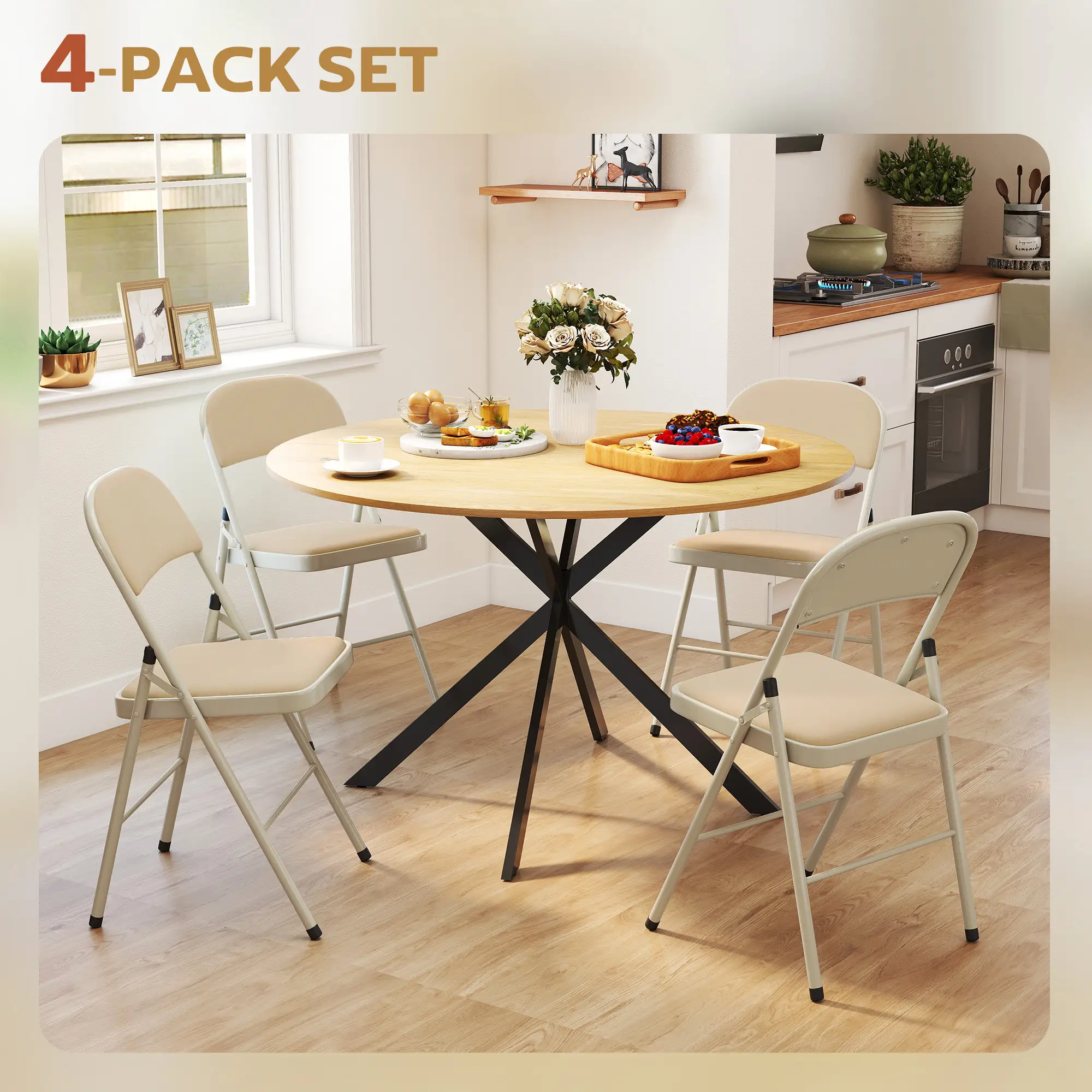 4 Pack Folding Chairs, Padded Seats, Velvet, Steel Frame, Beige - Image 4
