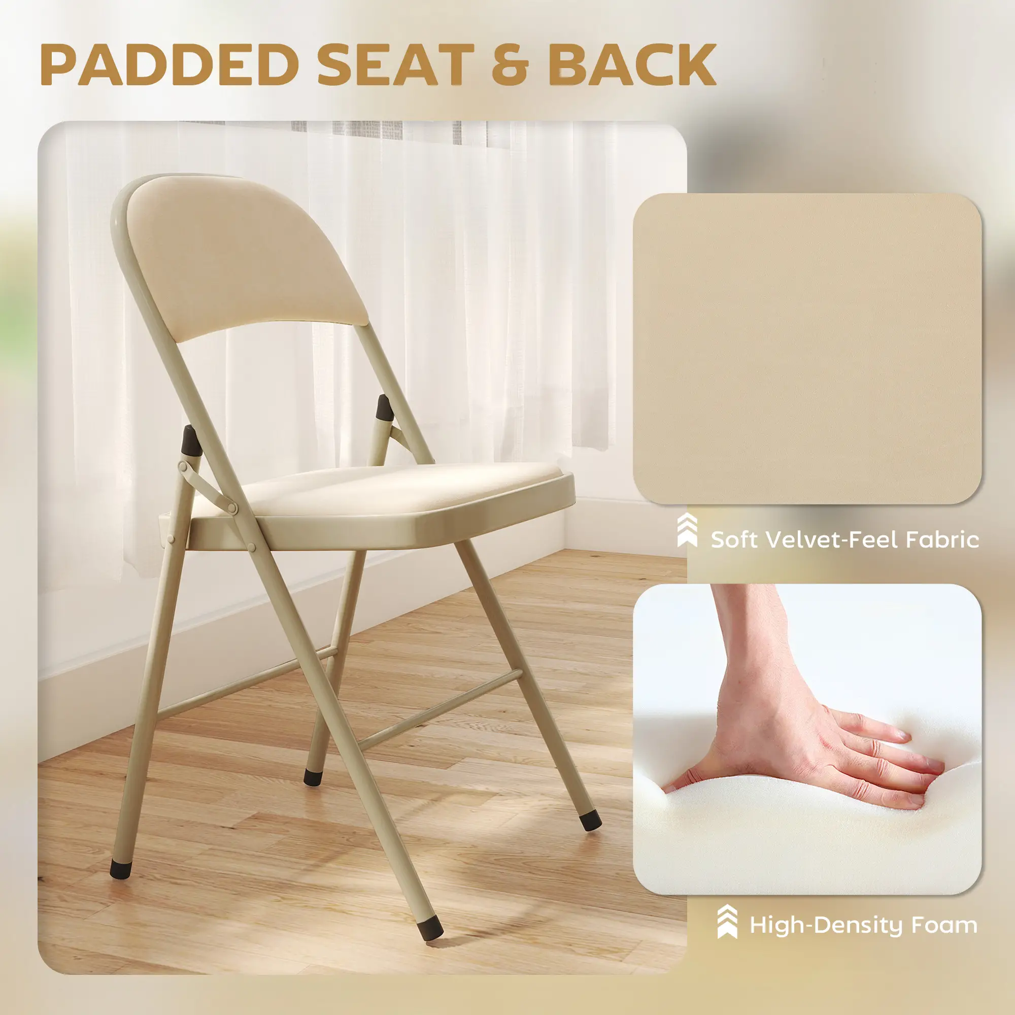 4 Pack Folding Chairs, Padded Seats, Velvet, Steel Frame, Beige - Image 5