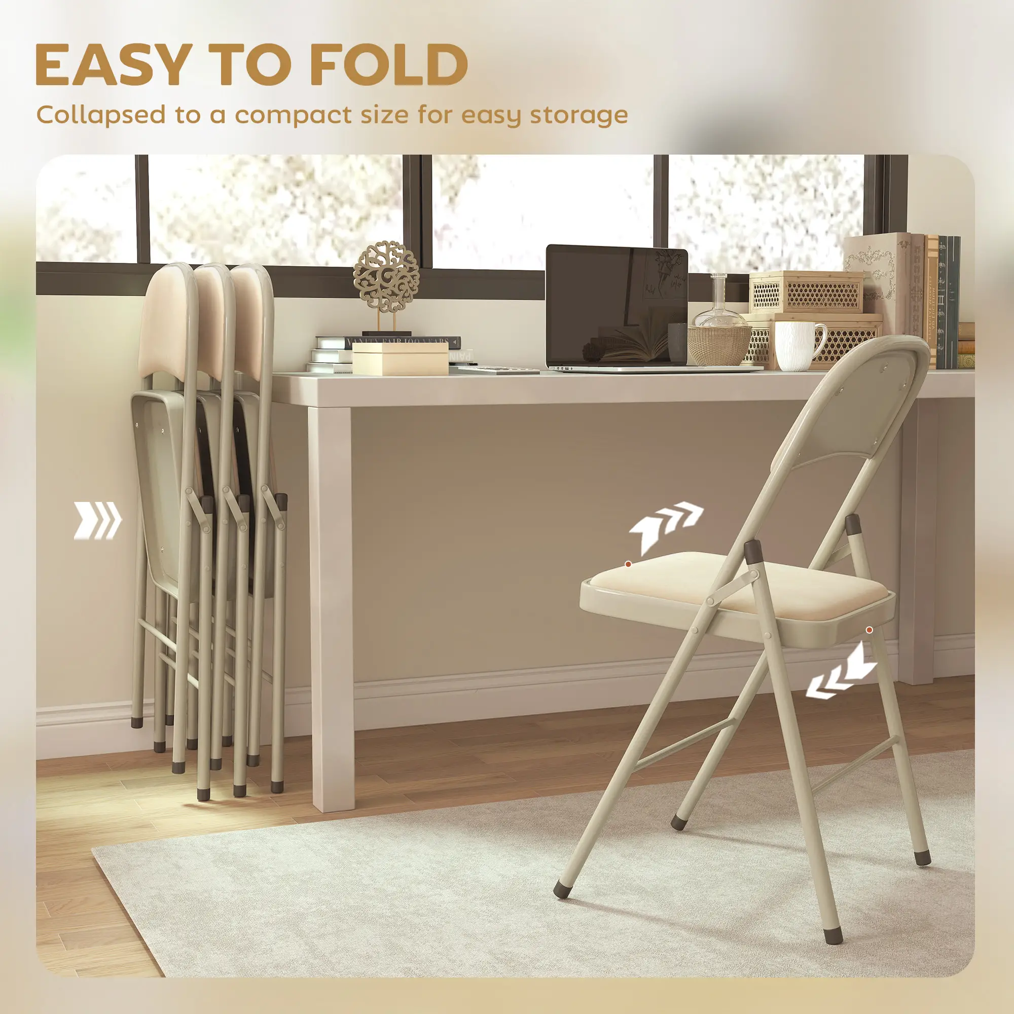4 Pack Folding Chairs, Padded Seats, Velvet, Steel Frame, Beige - Image 6
