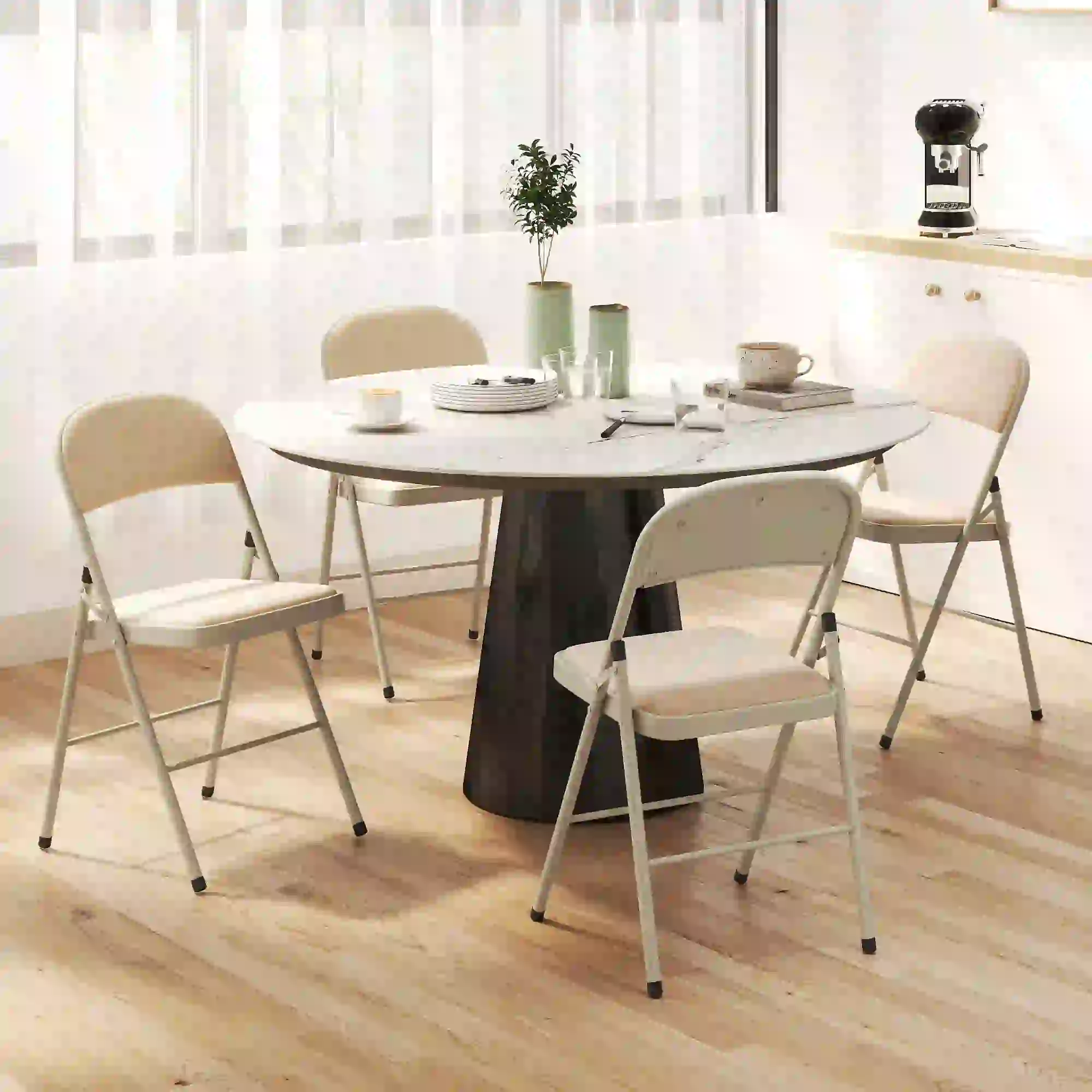 4 Pack Folding Chairs, Padded Seats, Velvet, Steel Frame, Beige - Image 8