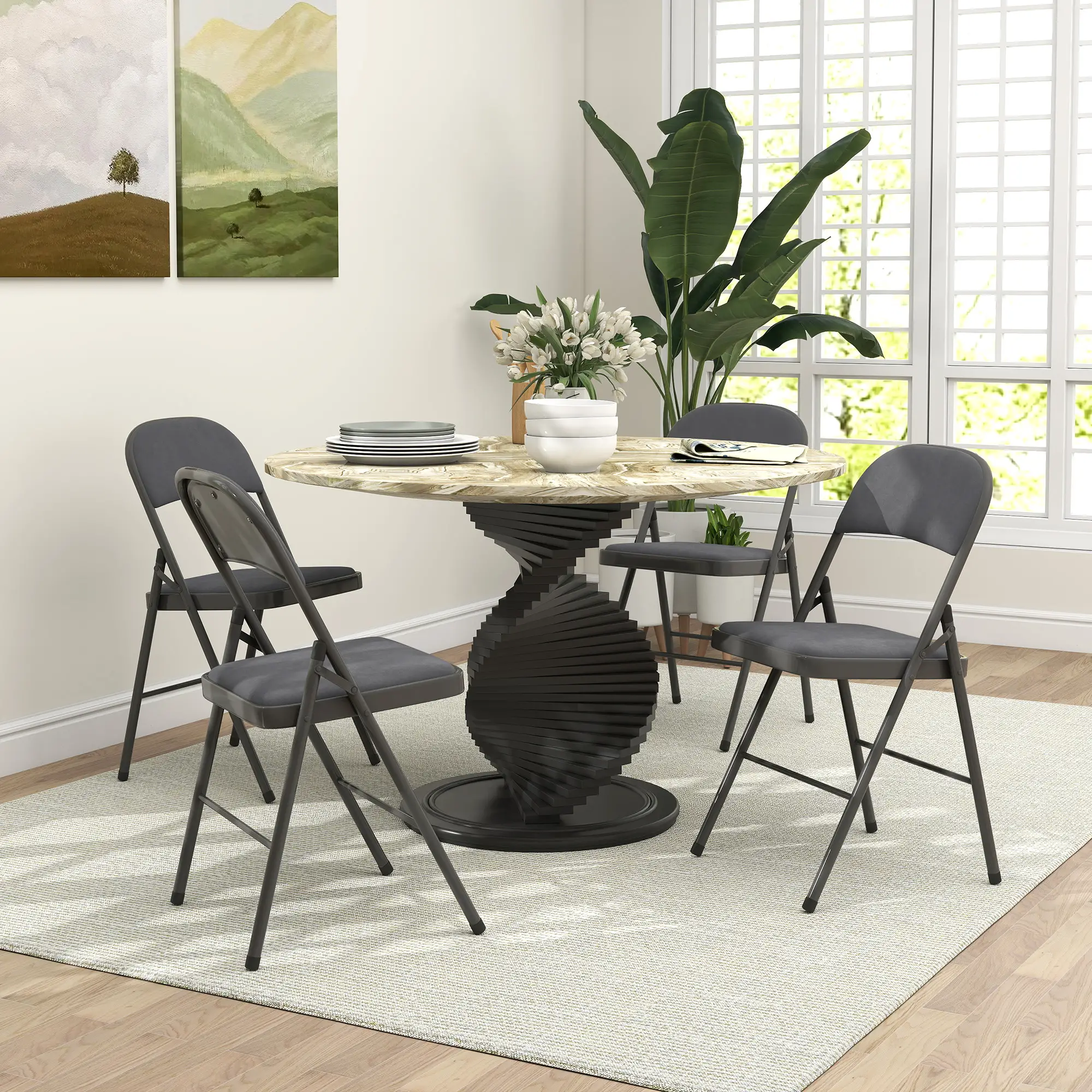4 Pack Folding Chairs, Padded Seats, Velvet, Steel Frame, Dark Grey - Image 2