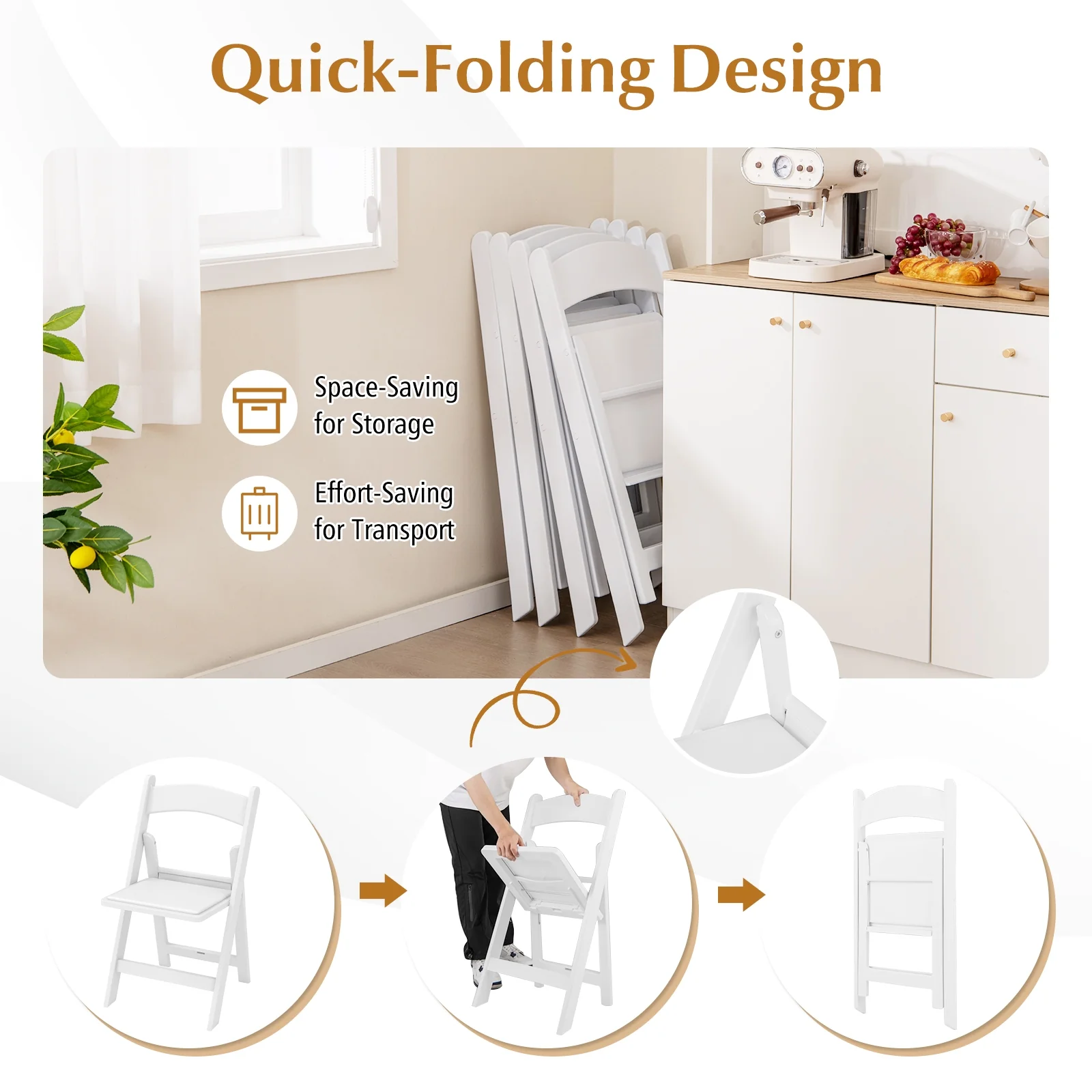 4 Pack Resin Folding Chairs, Padded Seat, White - Image 10