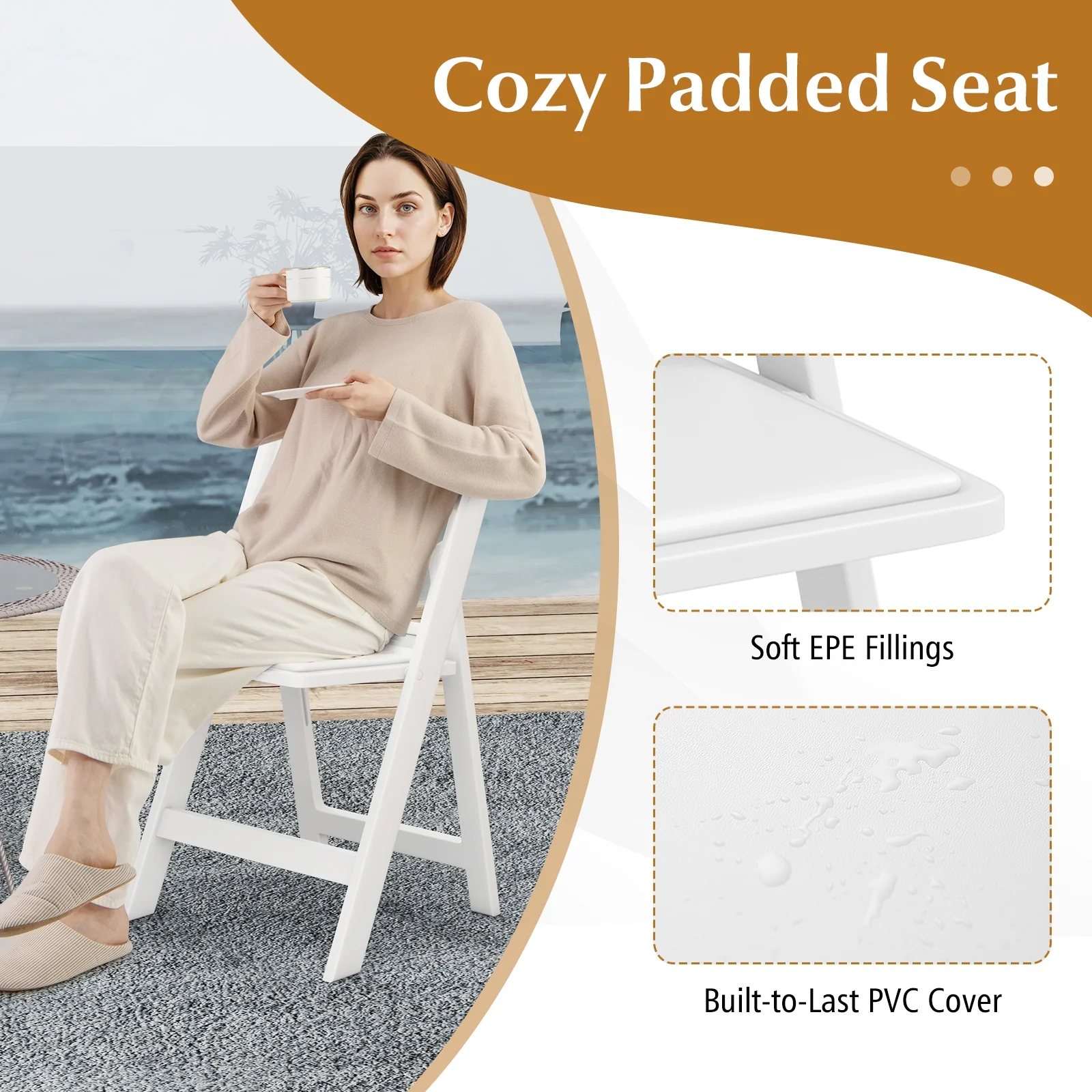 4 Pack Resin Folding Chairs, Padded Seat, White - Image 9
