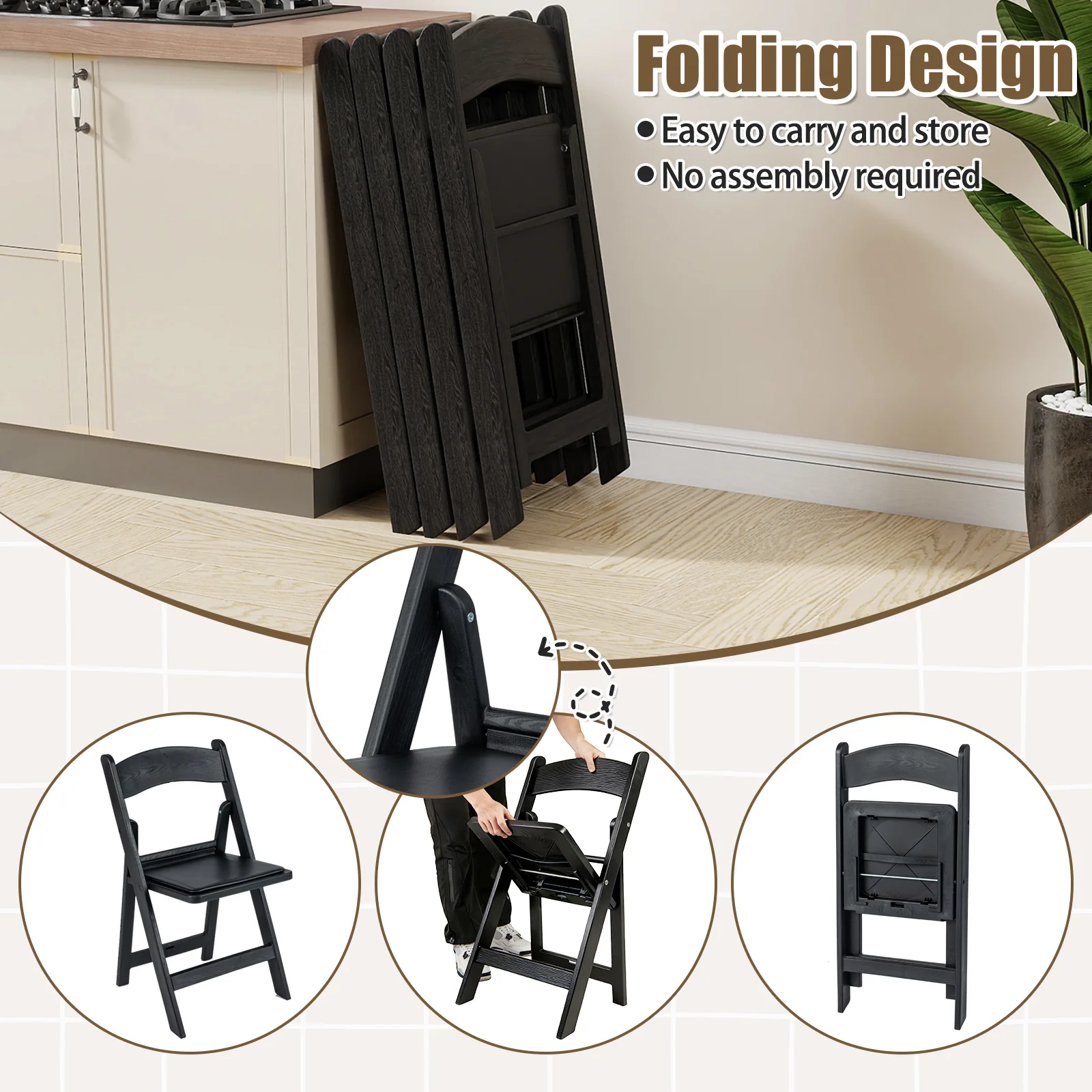 4 Pack Resin Folding Chairs with Padded Seat, Black - Image 7
