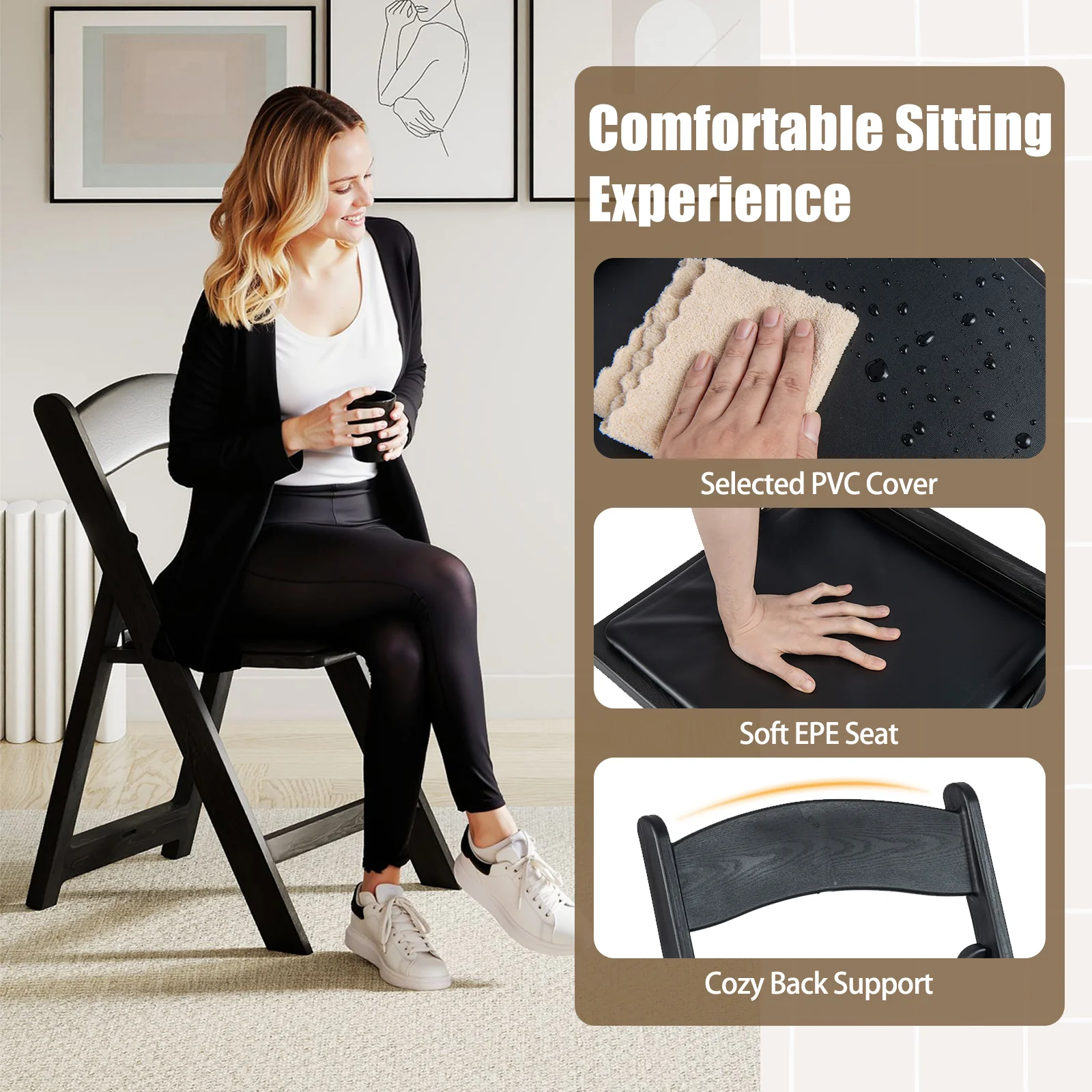 4 Pack Resin Folding Chairs with Padded Seat, Black - Image 8