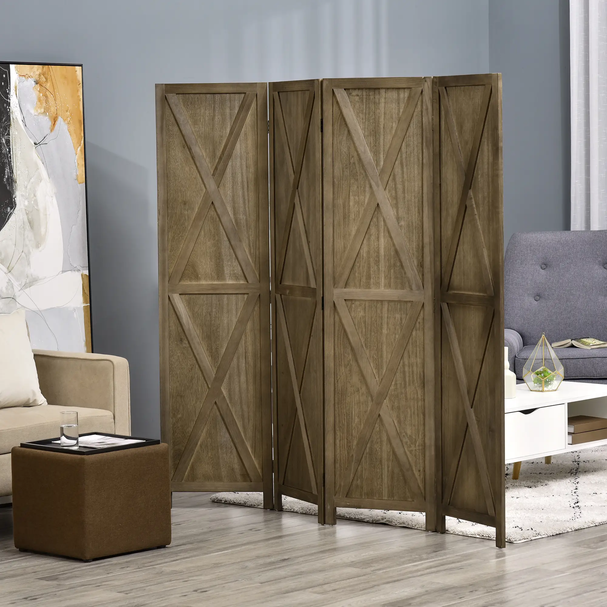 4-Panel Farmhouse Room Divider, Foldable Wooden Frame 5.6FT, Brown - Image 2