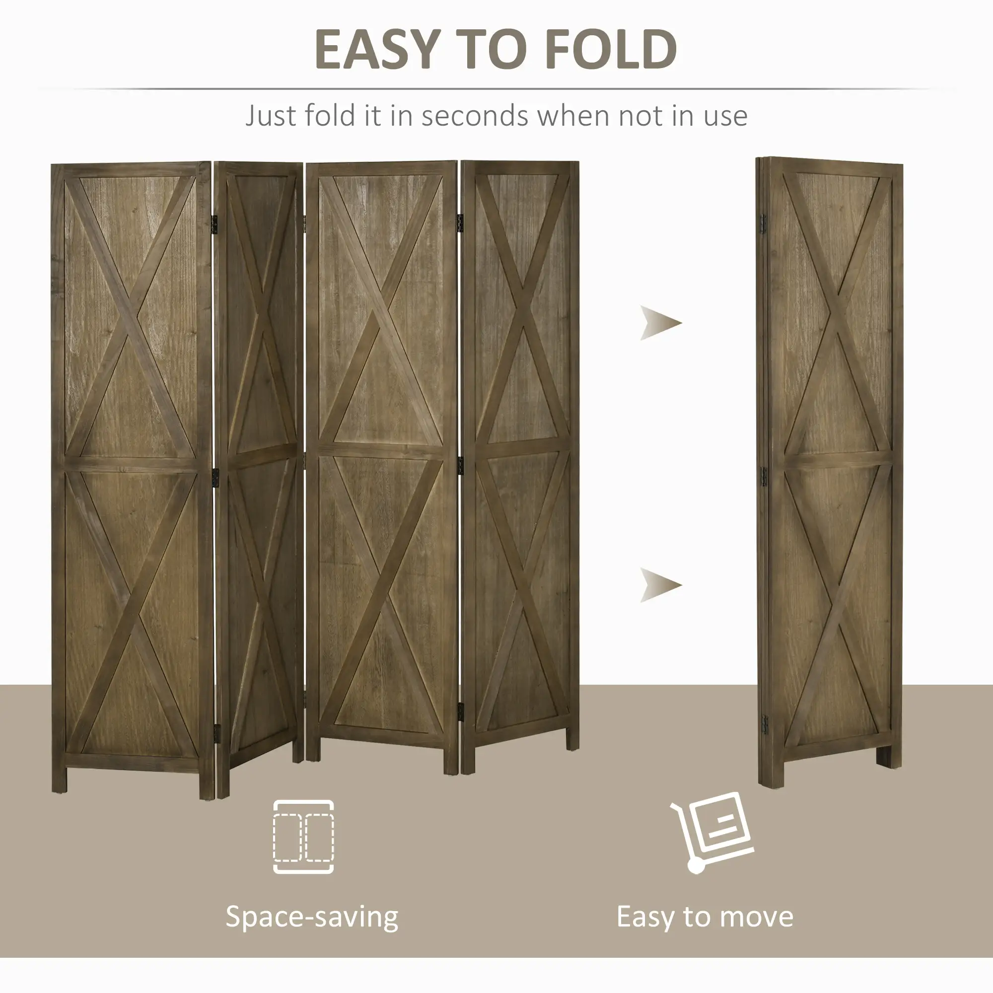 4-Panel Farmhouse Room Divider, Foldable Wooden Frame 5.6FT, Brown - Image 4