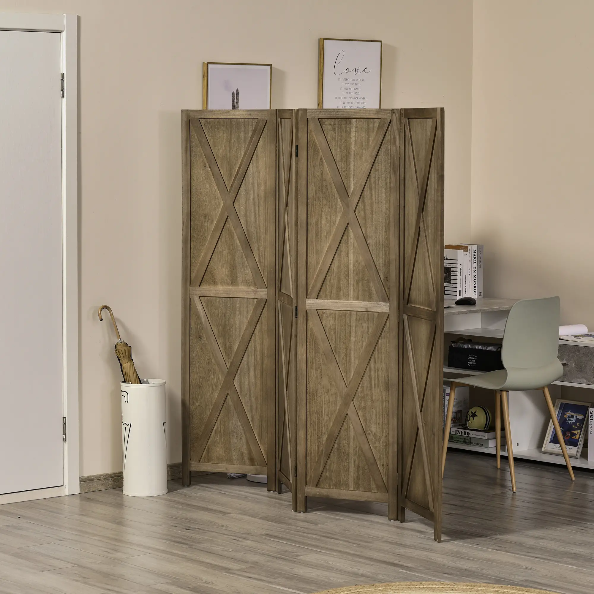 4-Panel Farmhouse Room Divider, Foldable Wooden Frame 5.6FT, Brown - Image 8