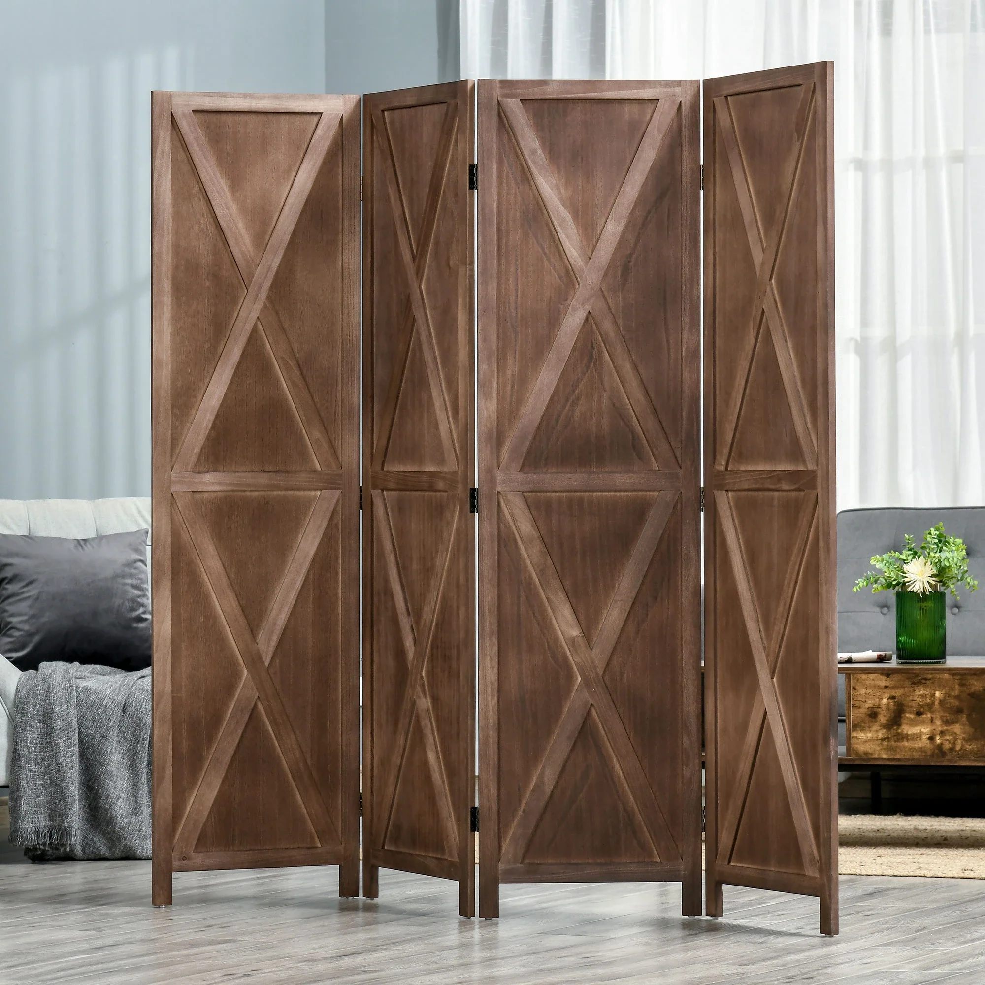 4-Panel Farmhouse Room Divider, Foldable Wooden Frame 5.6FT, Walnut - Image 2