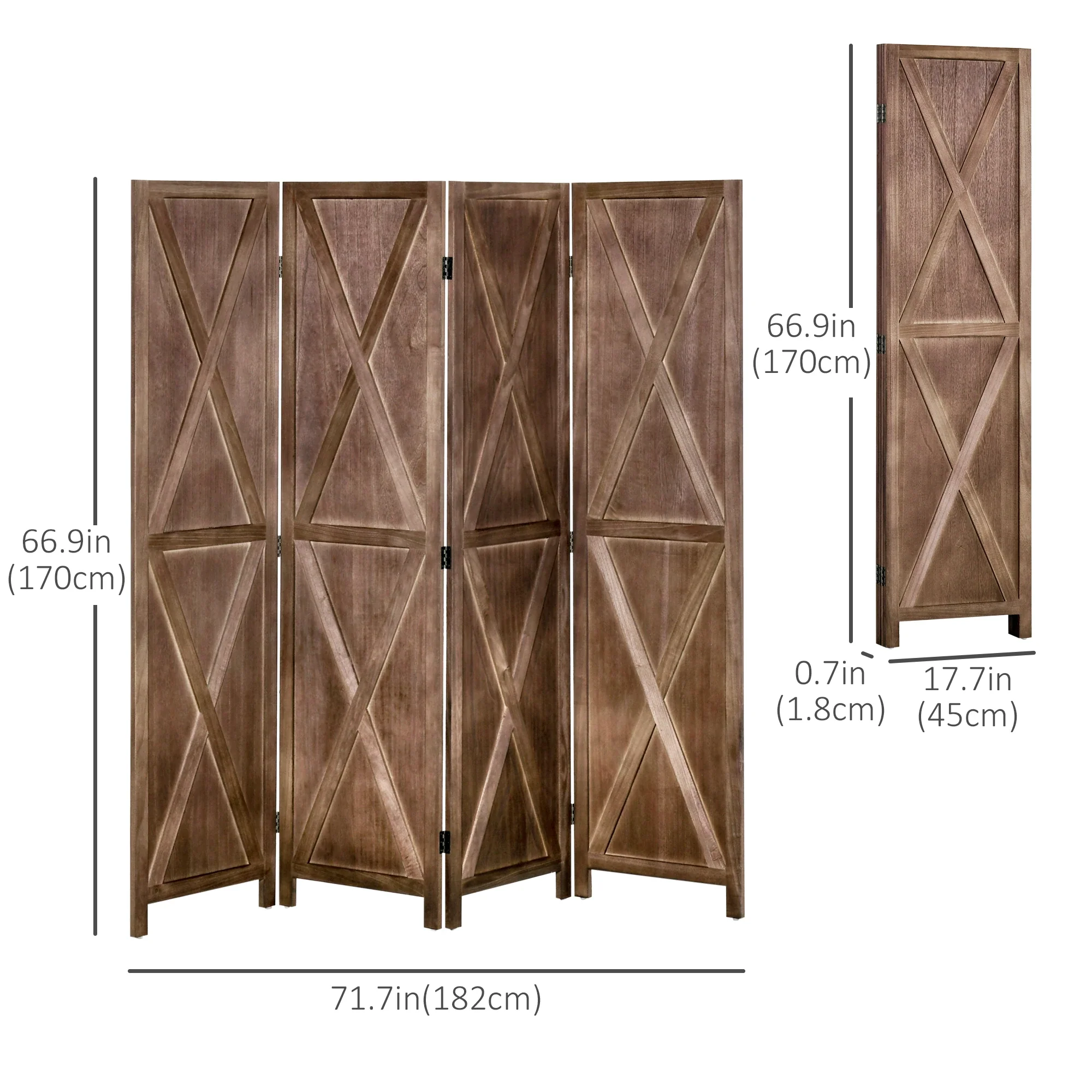 4-Panel Farmhouse Room Divider, Foldable Wooden Frame 5.6FT, Walnut - Image 3