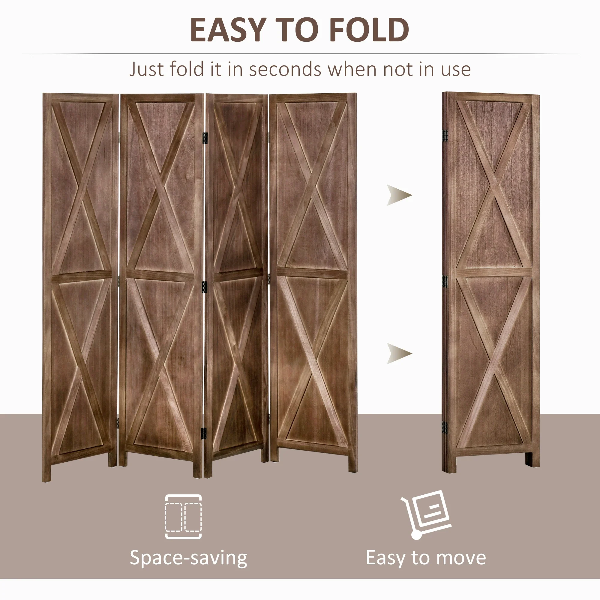 4-Panel Farmhouse Room Divider, Foldable Wooden Frame 5.6FT, Walnut - Image 4