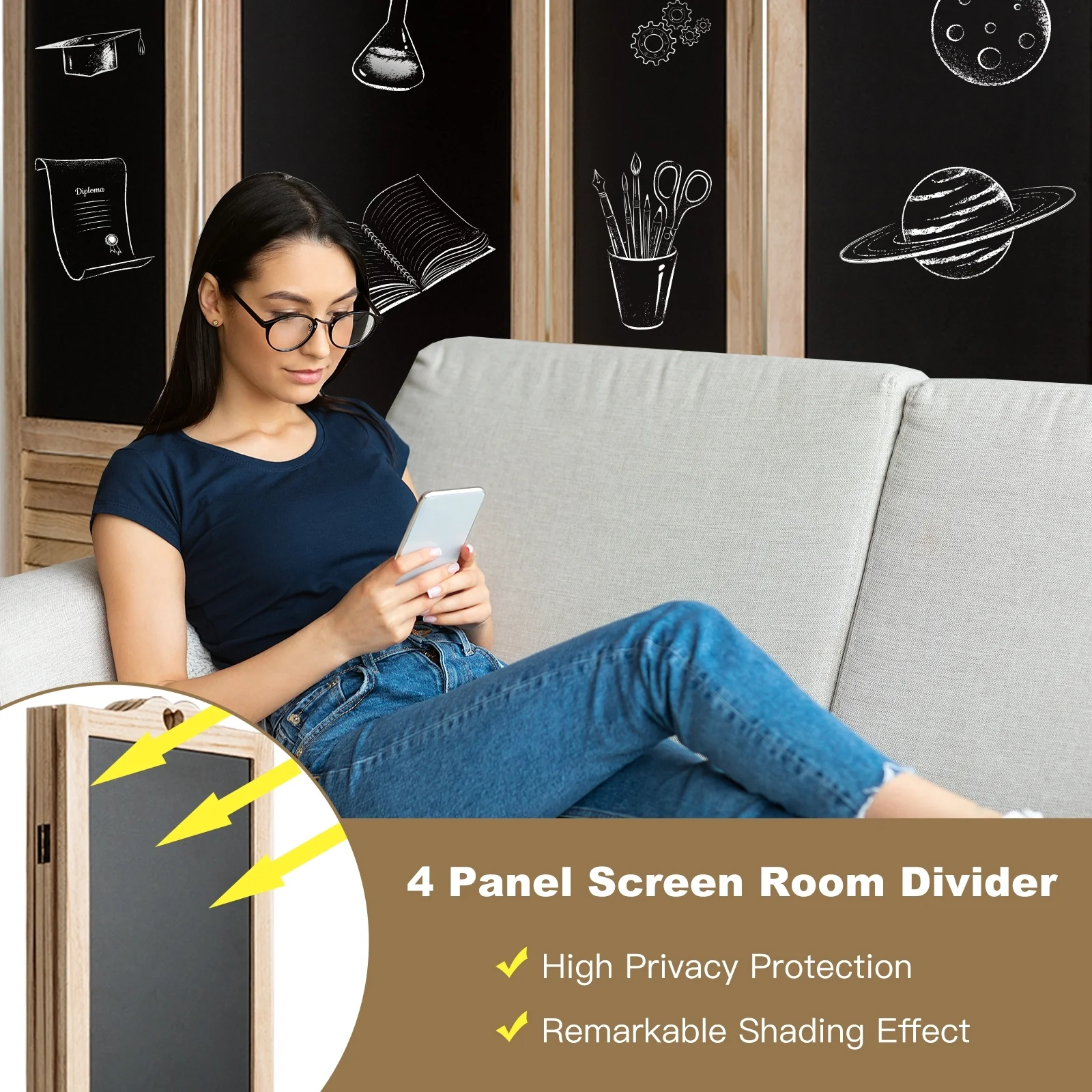 4-Panel Folding Privacy Room Divider Screen, Natural - Image 3