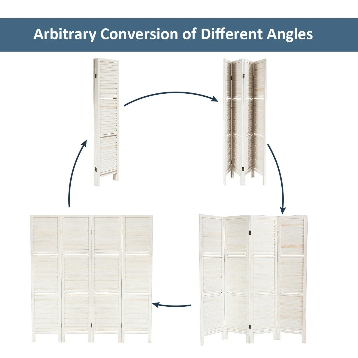 4 Panel Folding Room Divider Screen, 3 Display Shelves, White - Image 10