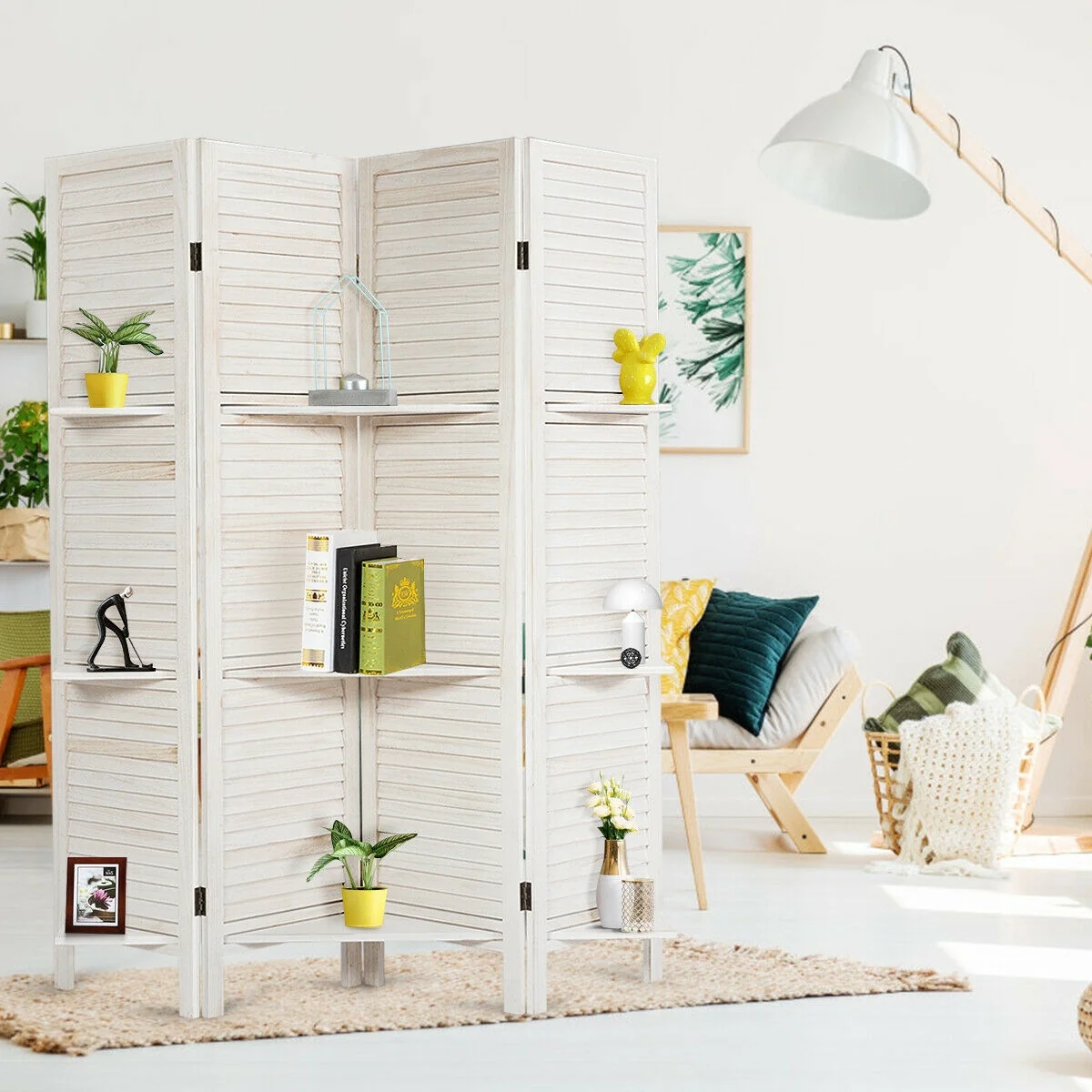4 Panel Folding Room Divider Screen, 3 Display Shelves, White - Image 2