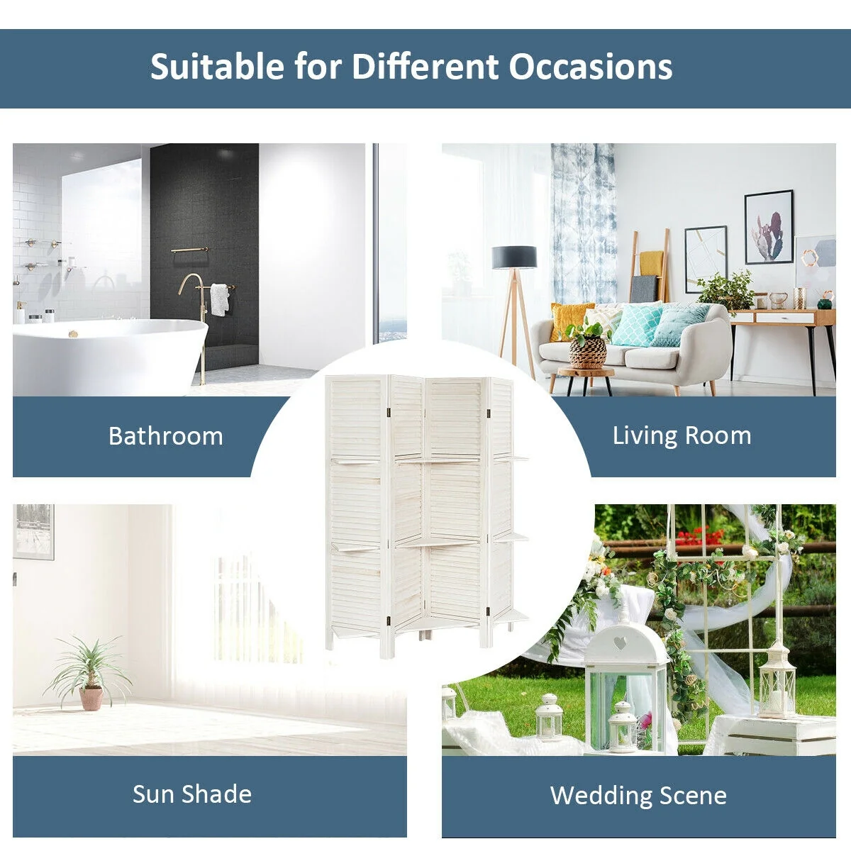 4 Panel Folding Room Divider Screen, 3 Display Shelves, White - Image 3