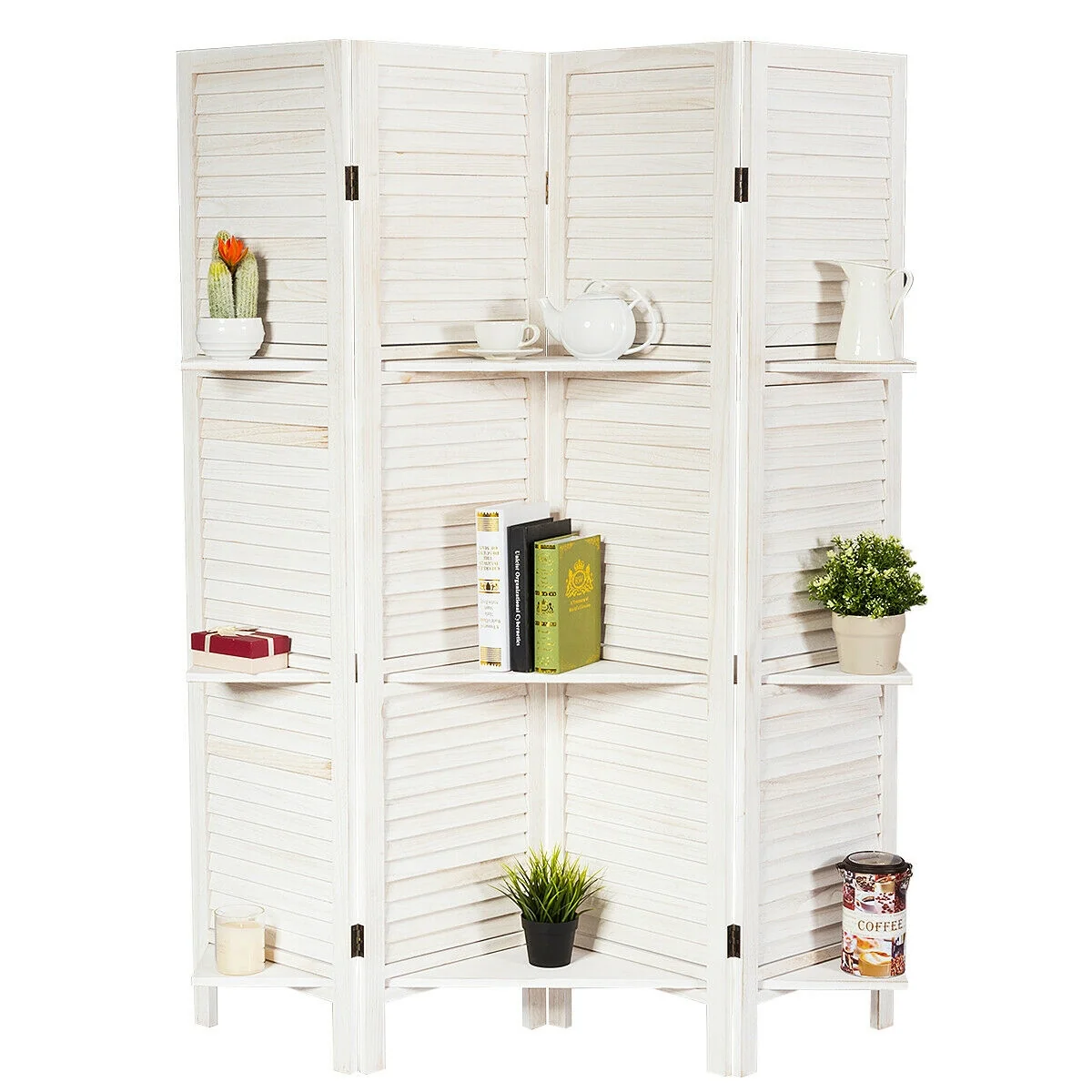 4 Panel Folding Room Divider Screen, 3 Display Shelves, White - Image 4