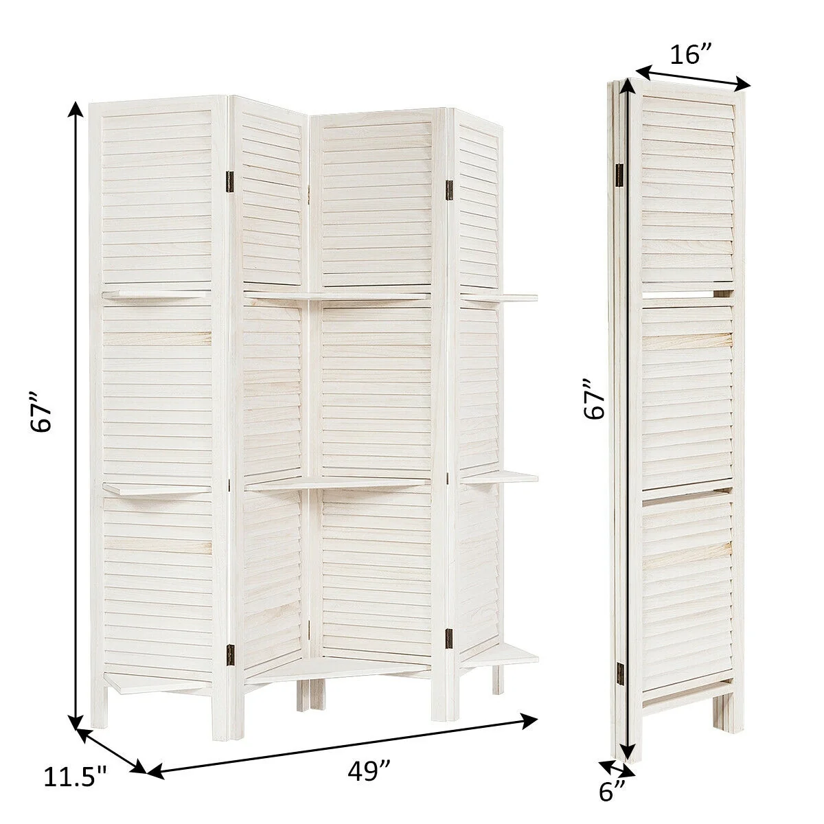 4 Panel Folding Room Divider Screen, 3 Display Shelves, White - Image 5